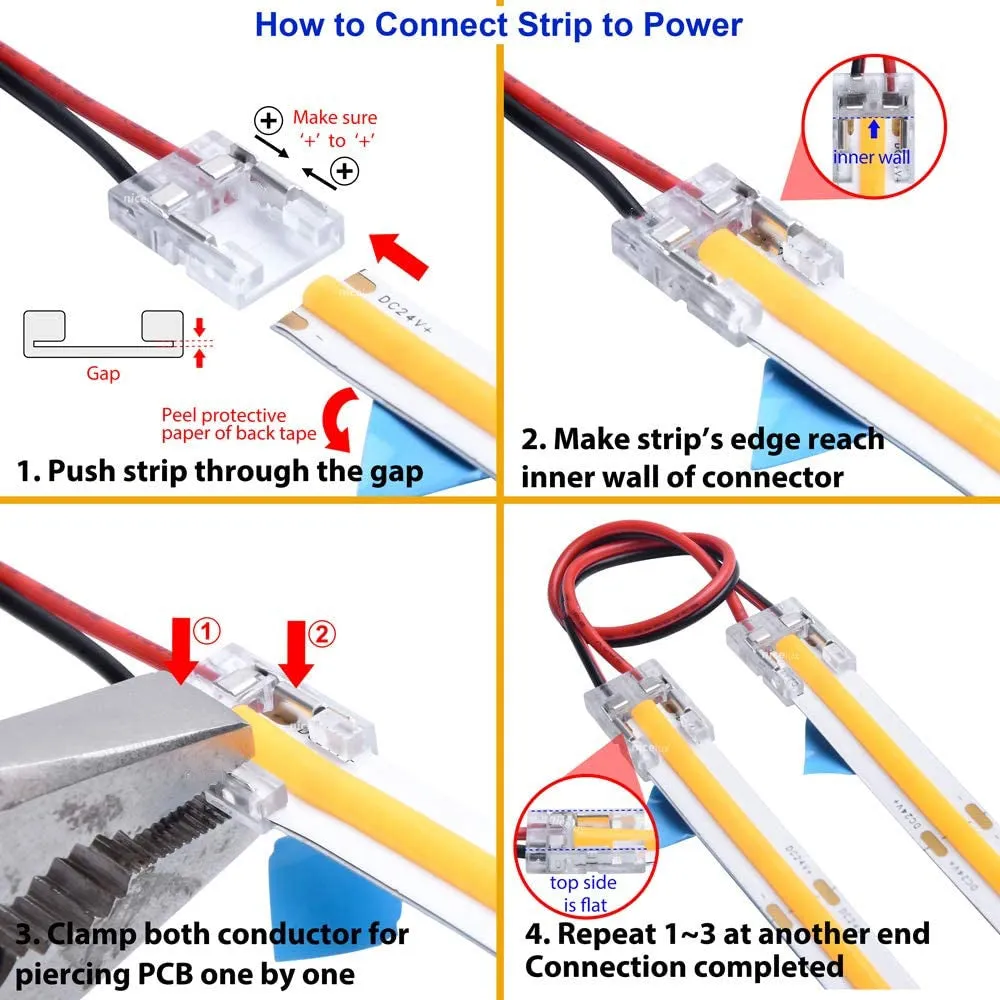 10PCS PACK COB LED Strip Connectors Solderless Snap Down 2 Conductors Connectors for 8mm 10mm Wide COB Flex LED Strips