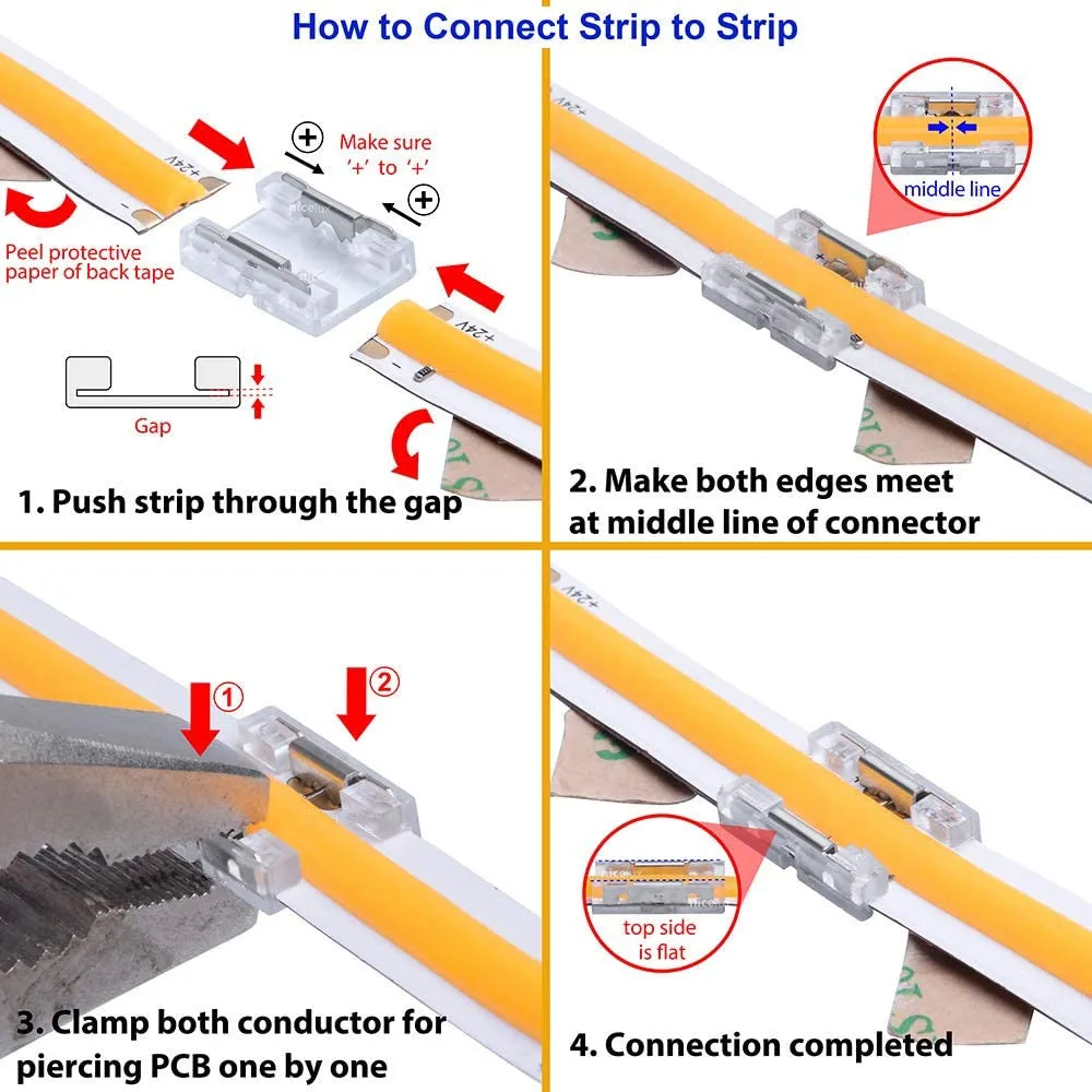 10PCS PACK COB LED Strip Connectors Solderless Snap Down 2 Conductors Connectors for 8mm 10mm Wide COB Flex LED Strips