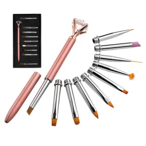 10pcs/Set Nail Art Pen Brush Metal Crystal Replace Heads Carving Cuticle Remover Flat Line Flower Drawing Painting Manicure Tool
