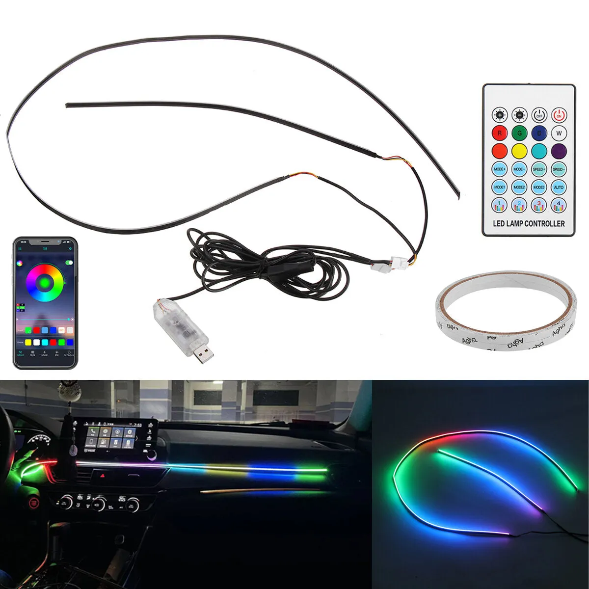 2 In 1 Symphony Car LED Phantom Atmosphere Light 110cm 35cm USB Plug With APP Control Ambient Interior Decorative Lamp