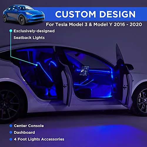 2016-2020 Tesla Model 3 & Y Interior Car Neon Lights (Center Console   Dashboard   Seat Back  4 Foot Lights Accessories), Tesla Ambient Lighting, APP Control LED Strip Lights with Multiple Modes