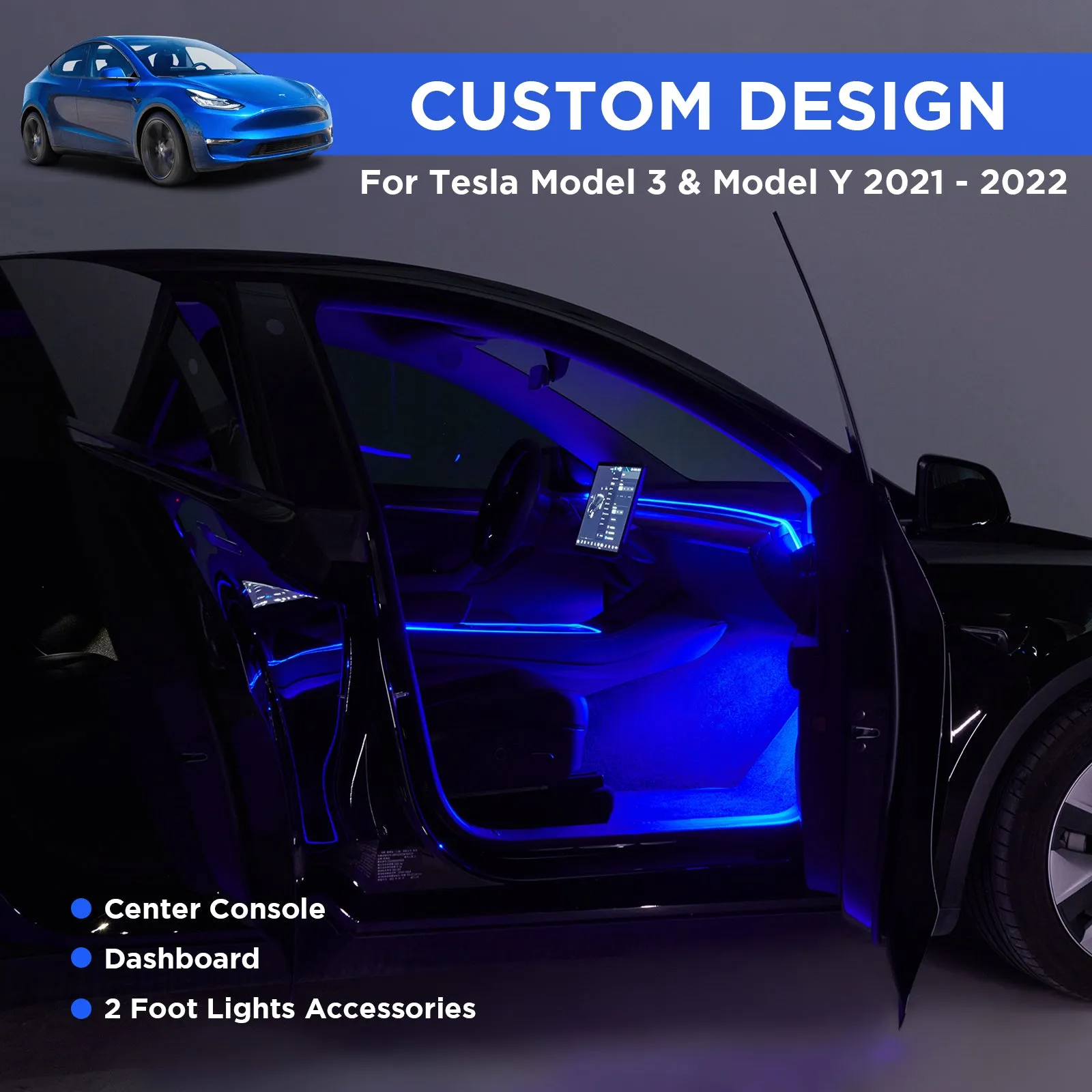 2Nestour 2021 2022 2023 Tesla Model 3 Y Interior Car Neon Lights (Center Console Dashboard 2 Foot Lights) with Matching Armrest Organizer