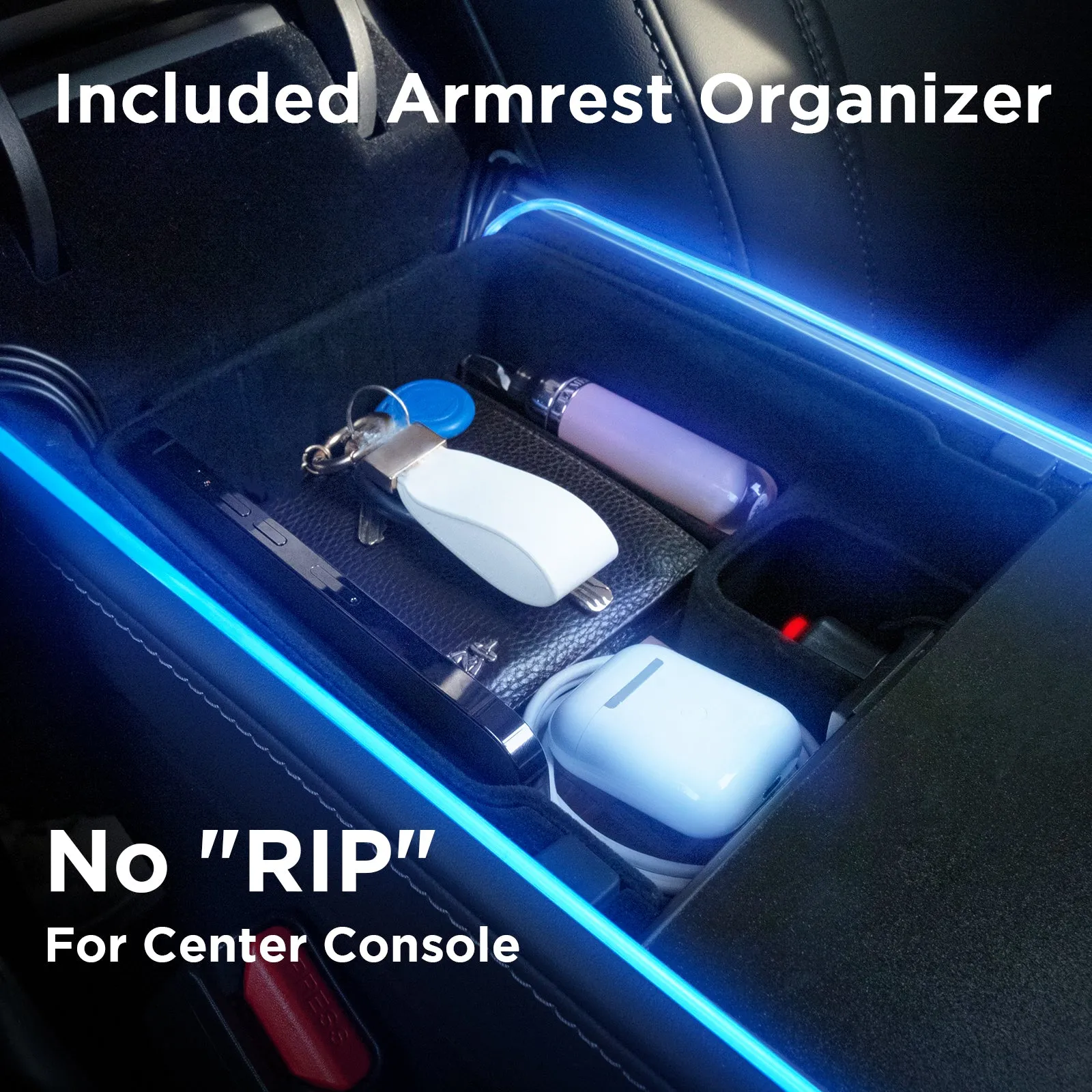 2Nestour 2021 2022 2023 Tesla Model 3 Y Interior Car Neon Lights (Center Console Dashboard 2 Foot Lights) with Matching Armrest Organizer