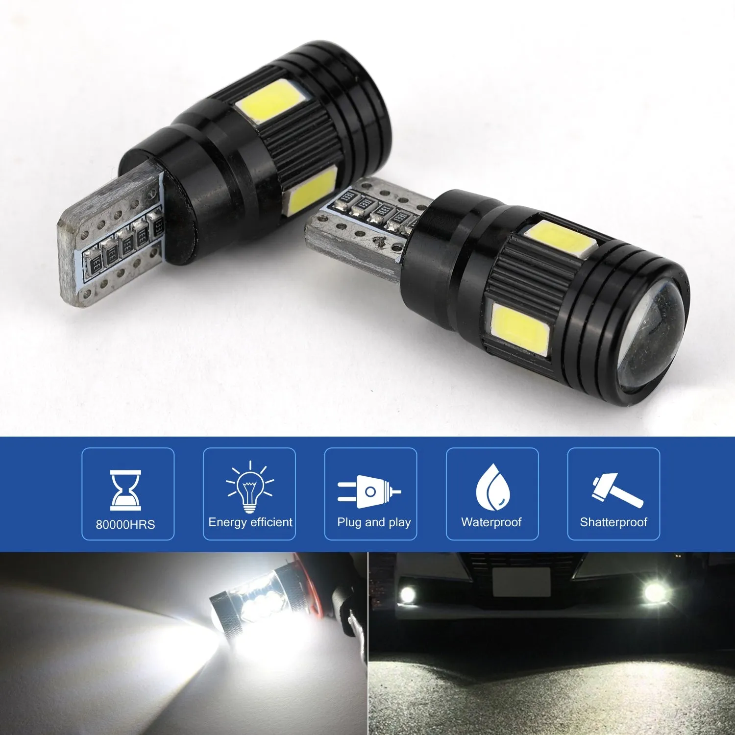 2pcs/4pcs/10pcs T10 LED Headlight Kit 6000K Low Beam White Lens
