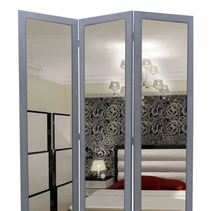 3 Panel Wooden Foldable Mirror Encasing Room Divider,Light Gray And Silver By Benzara