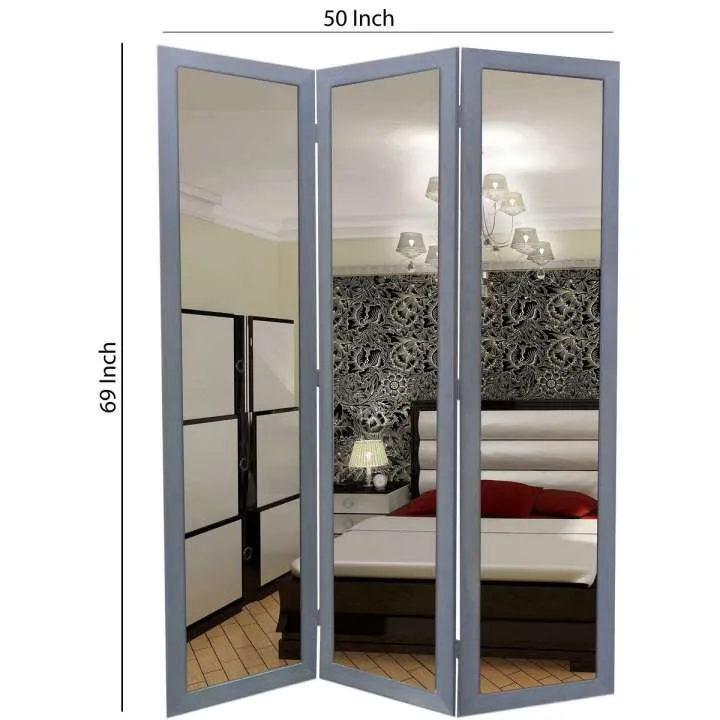 3 Panel Wooden Foldable Mirror Encasing Room Divider,Light Gray And Silver By Benzara