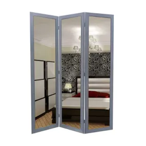 3 Panel Wooden Foldable Mirror Encasing Room Divider,Light Gray And Silver By Benzara