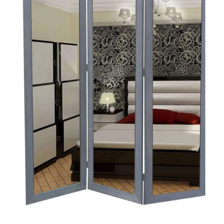 3 Panel Wooden Foldable Mirror Encasing Room Divider,Light Gray And Silver By Benzara