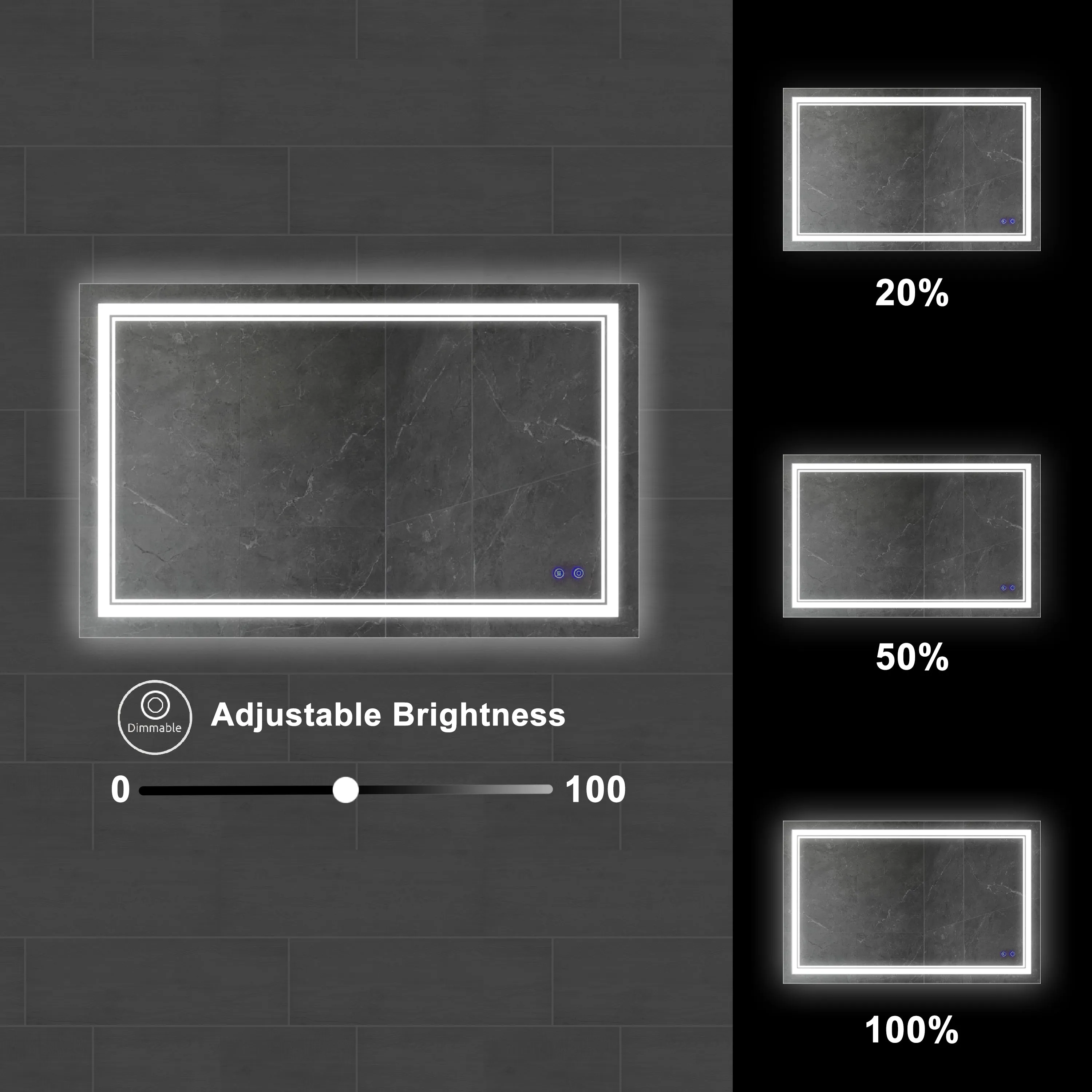 40 x 24 Inch Frameless LED Illuminated Bathroom Wall Mirror, Touch Button Defogger, Rectangular, Silver