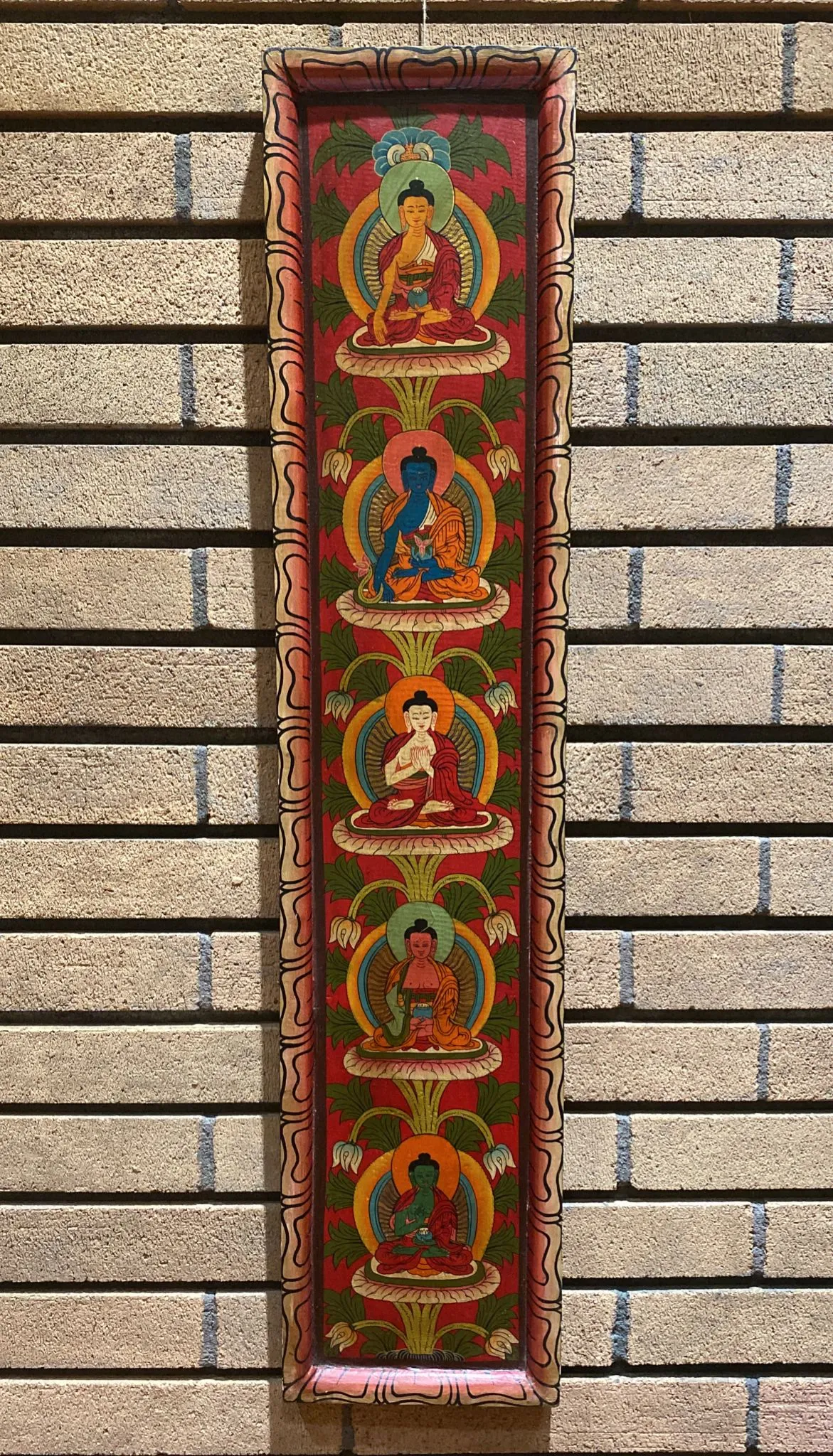 5 Dhyani Medicine Buddhas Lotus Flower Vertical Hand-Carved Wooden Panel