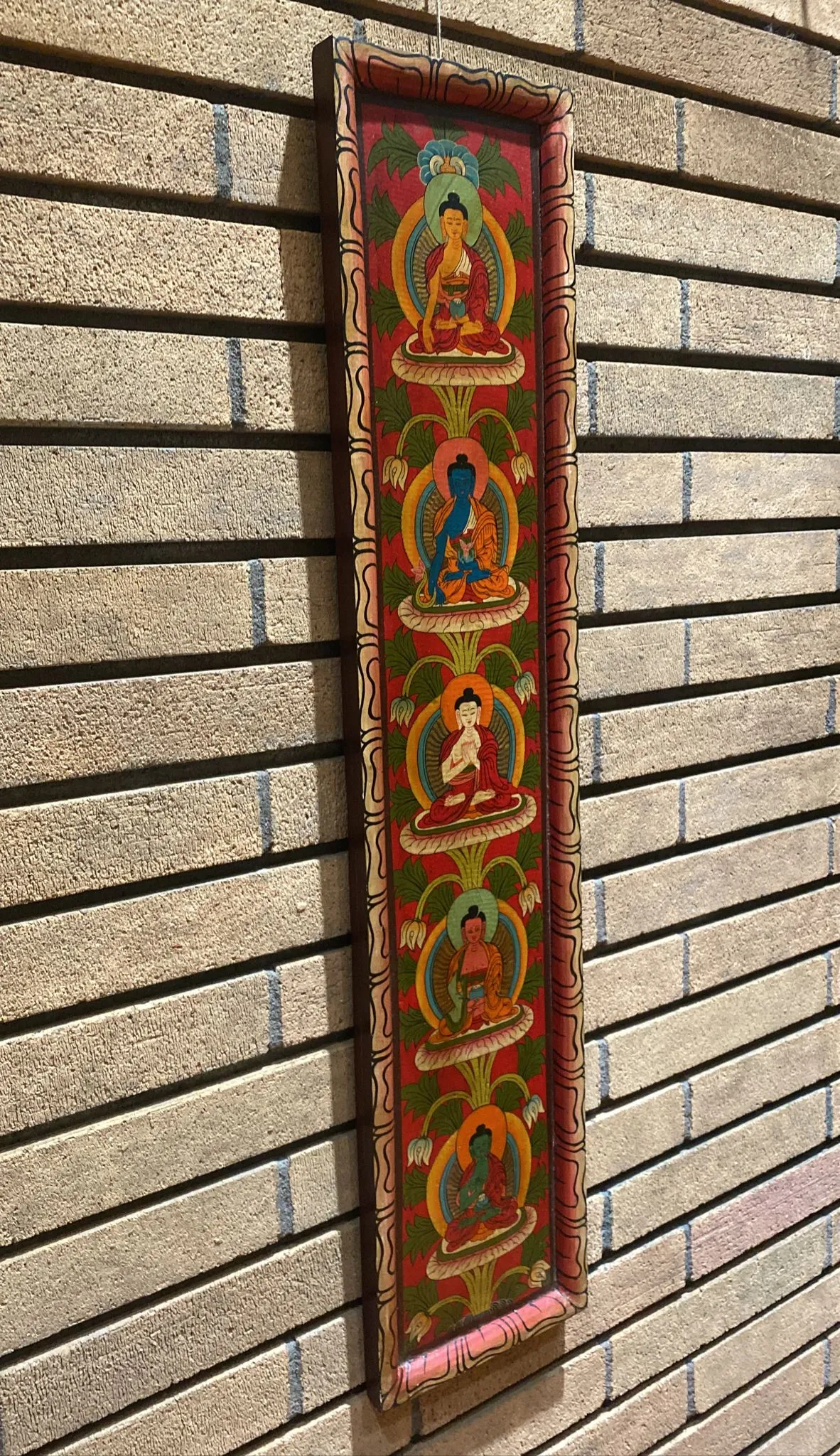 5 Dhyani Medicine Buddhas Lotus Flower Vertical Hand-Carved Wooden Panel
