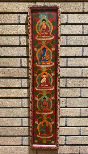 5 Dhyani Medicine Buddhas Lotus Flower Vertical Hand-Carved Wooden Panel