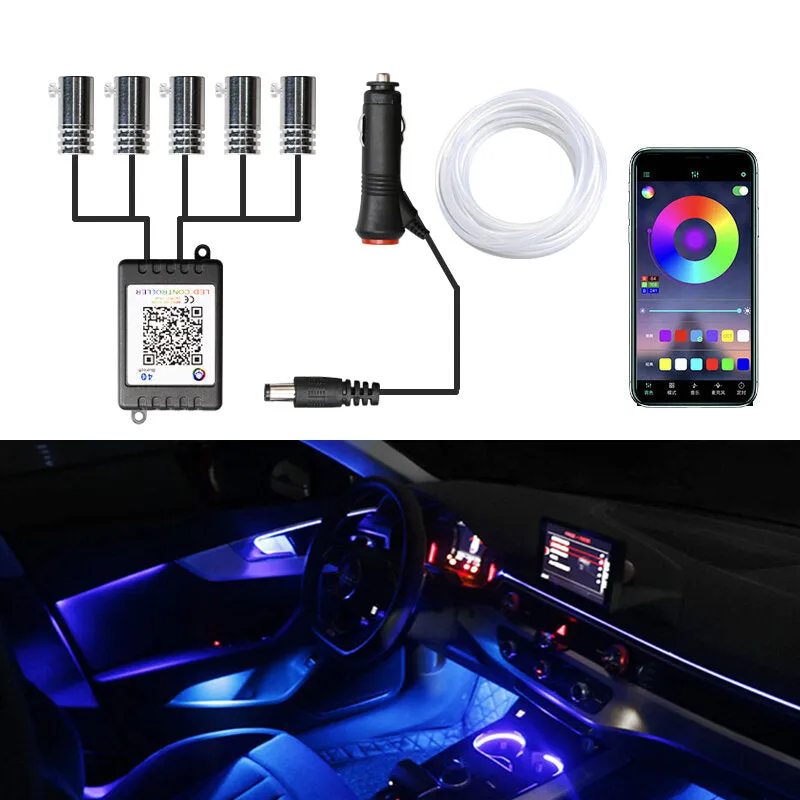 5IN1 6M RGB LED Atmosphere Car Interior Ambient Light Fiber Optic Strips Light by App Control Neon LED Auto Decorative Lamp