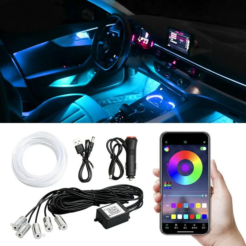 5IN1 6M RGB LED Atmosphere Car Interior Ambient Light Fiber Optic Strips Light by App Control Neon LED Auto Decorative Lamp