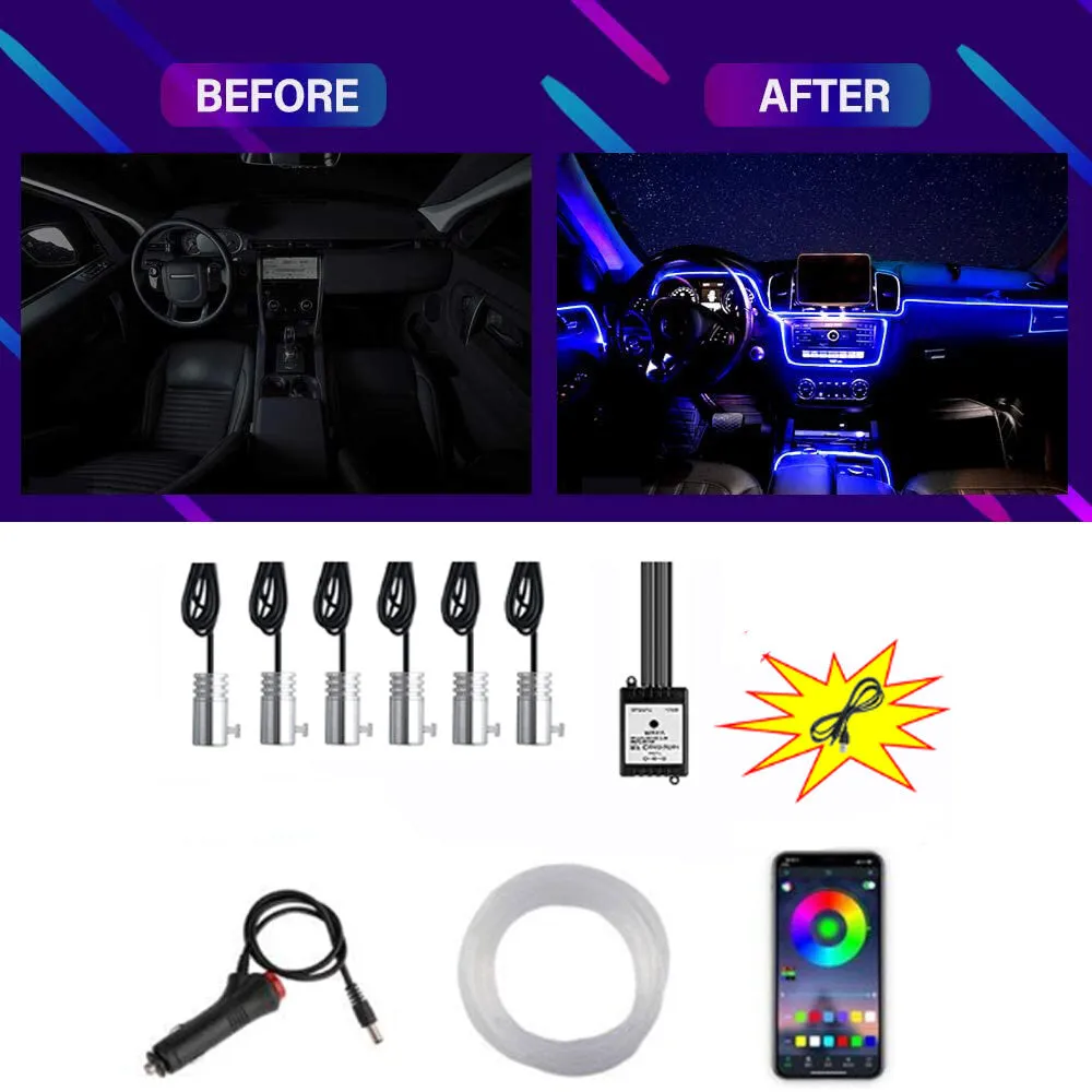 6IN1 8M RGB LED Atmosphere Car Interior Ambient Light Fiber Optic Strips Light by App Control Neon LED Auto Decorative Lamp