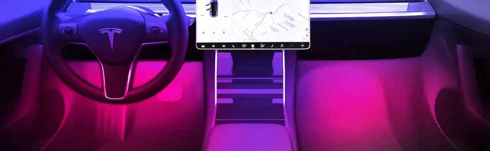 Adjustable Multi-Color Changing RGB LED Front and Rear Footwell Light Strips with Intuitive App Control for Tesla Model 3 & Y