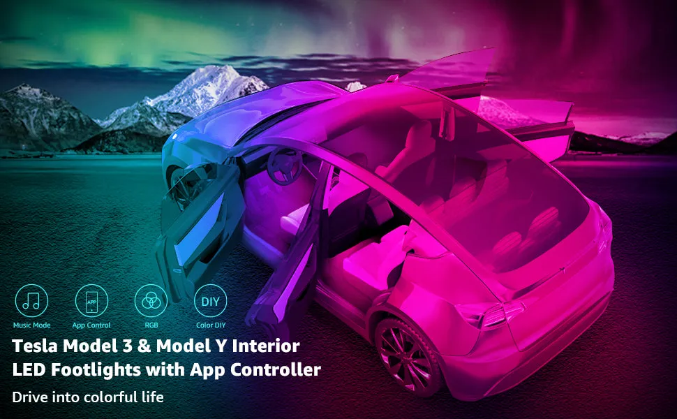 Adjustable Multi-Color Changing RGB LED Front and Rear Footwell Light Strips with Intuitive App Control for Tesla Model 3 & Y