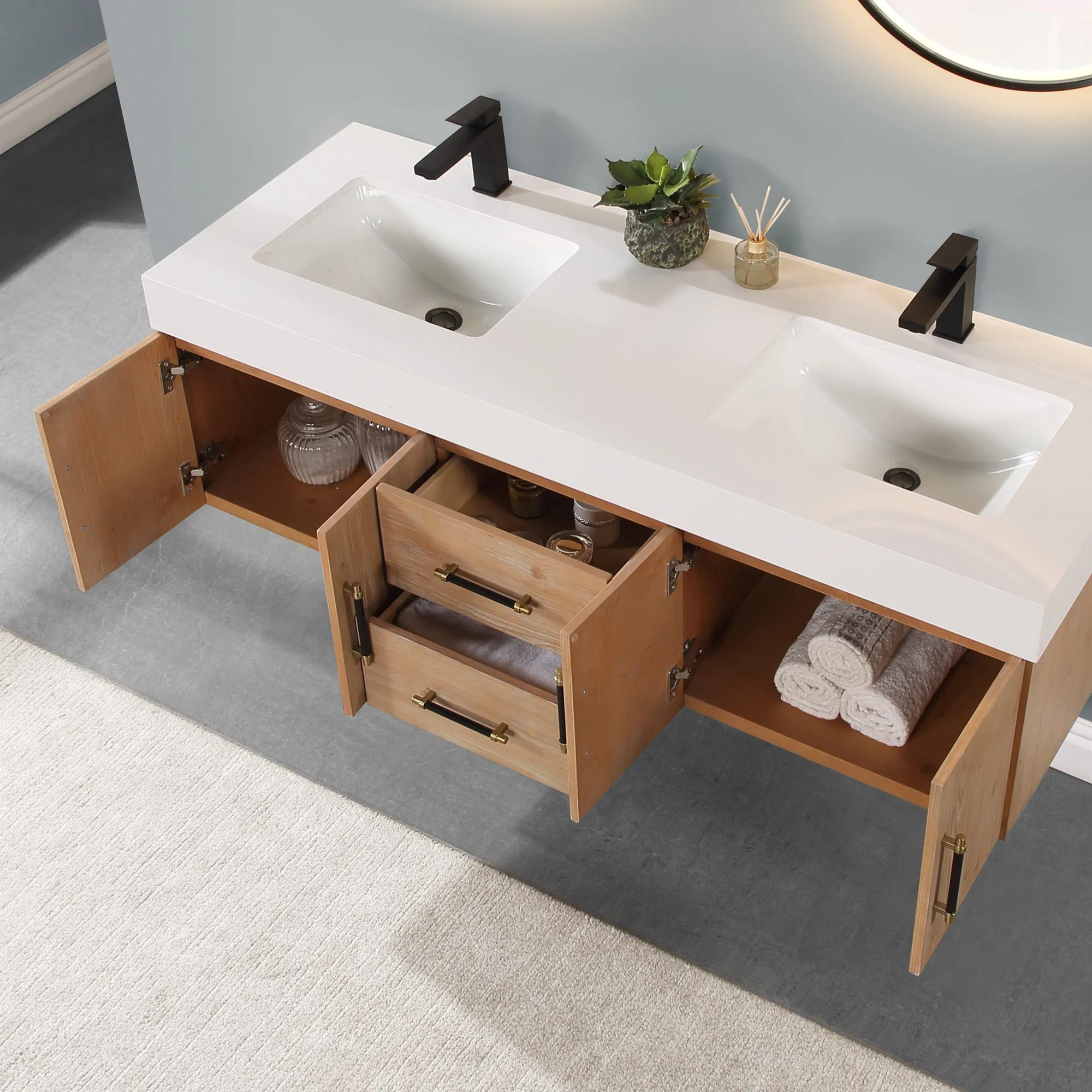 Altair Designs Corchia Wall-mounted Double Bathroom Vanity with White Composite Stone Countertop - 553060-LB-WH