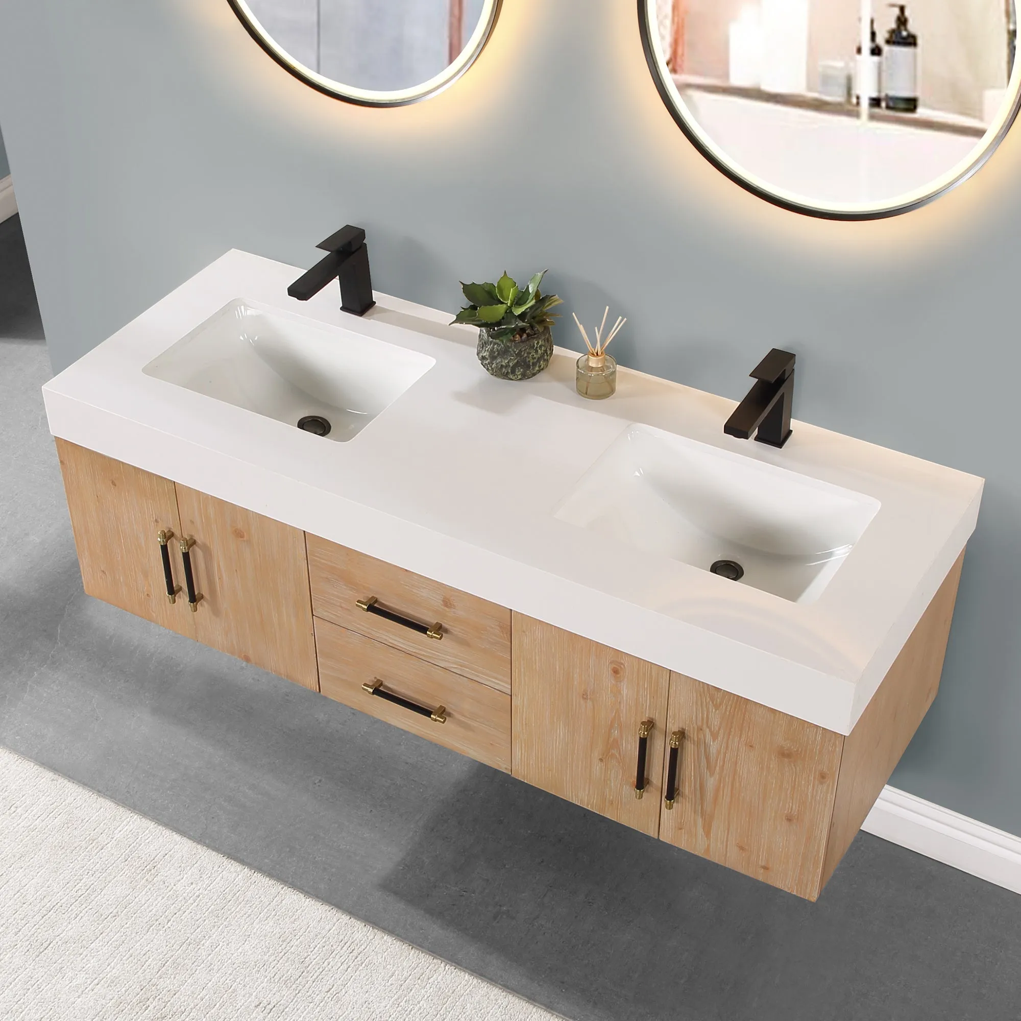 Altair Designs Corchia Wall-mounted Double Bathroom Vanity with White Composite Stone Countertop - 553060-LB-WH