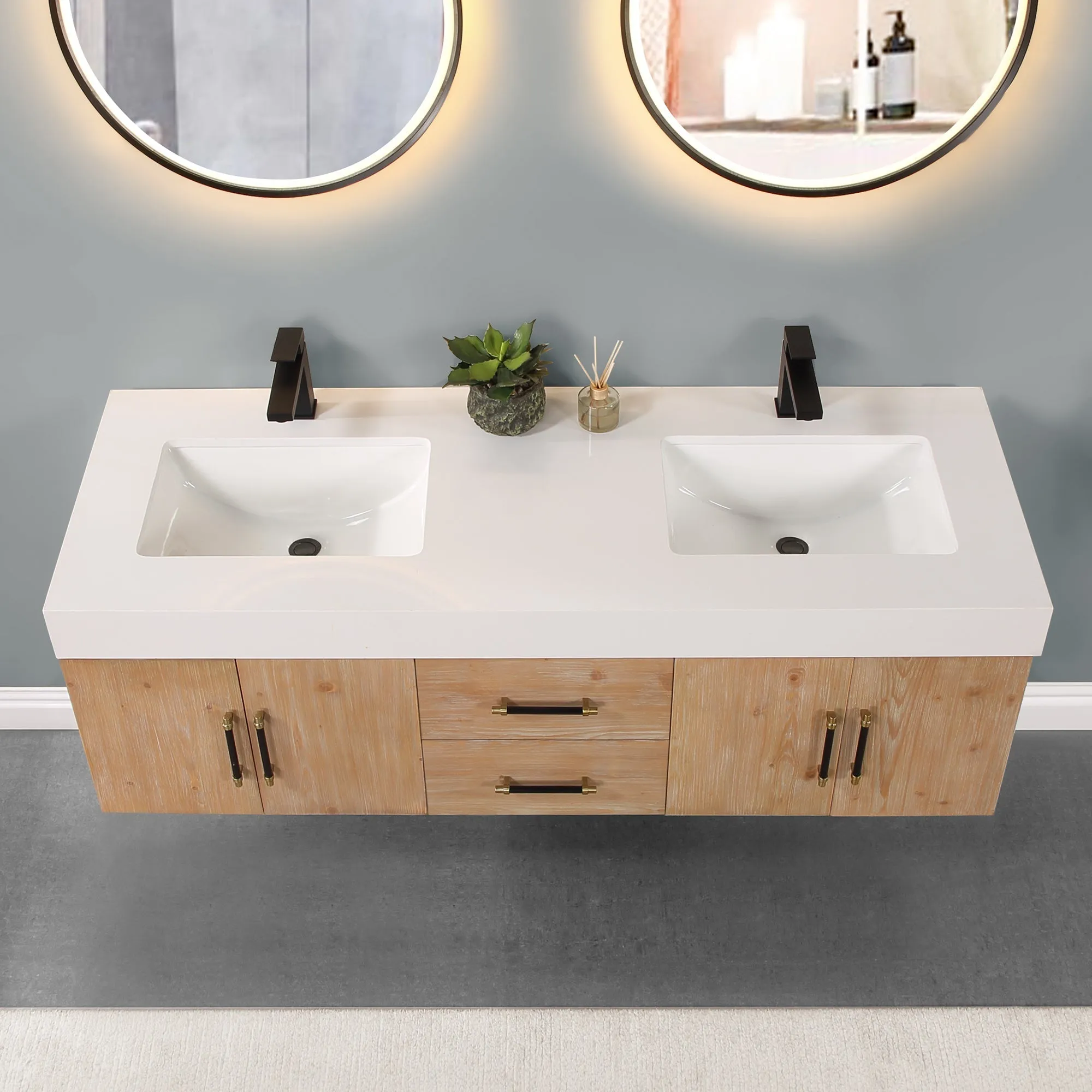 Altair Designs Corchia Wall-mounted Double Bathroom Vanity with White Composite Stone Countertop - 553060-LB-WH