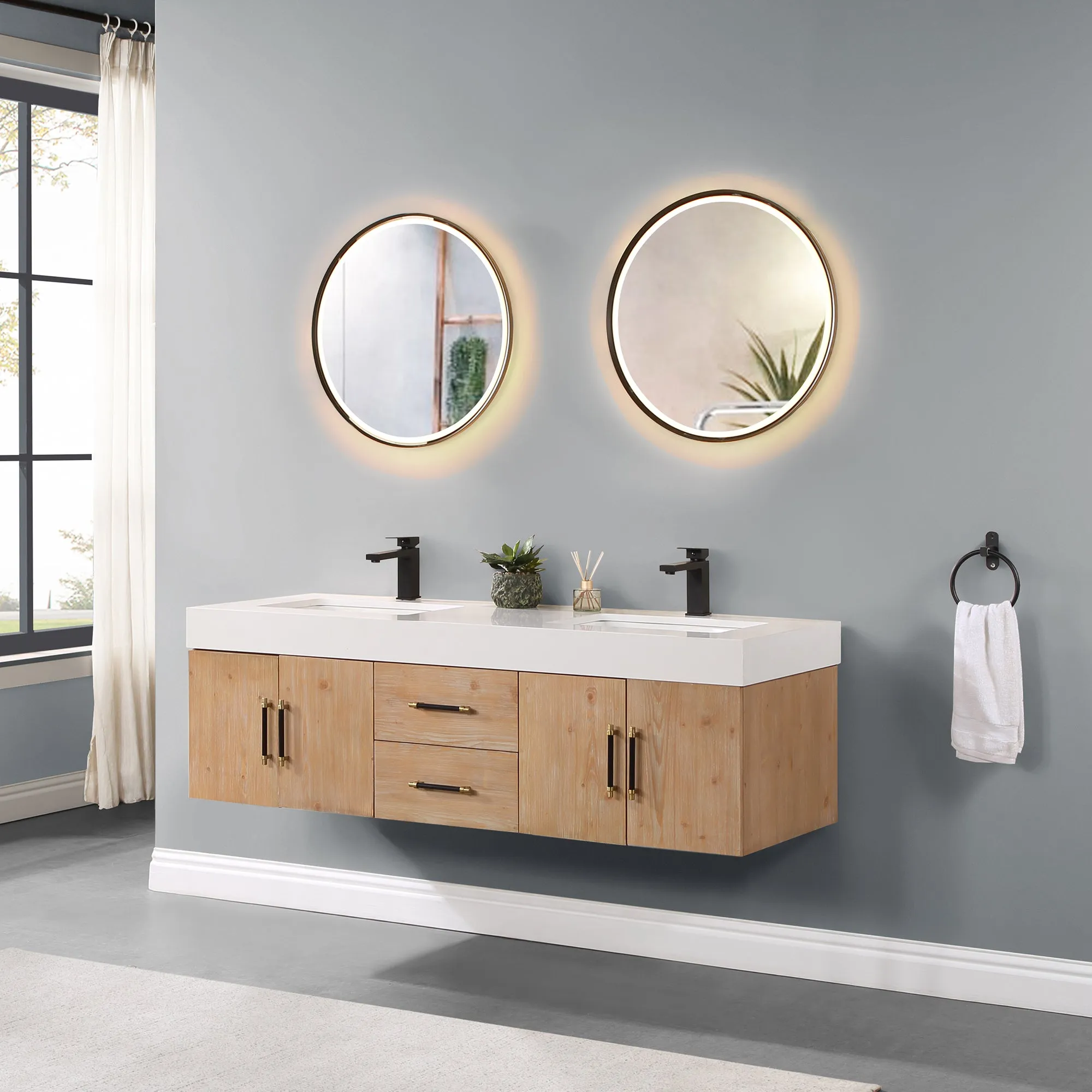 Altair Designs Corchia Wall-mounted Double Bathroom Vanity with White Composite Stone Countertop - 553060-LB-WH