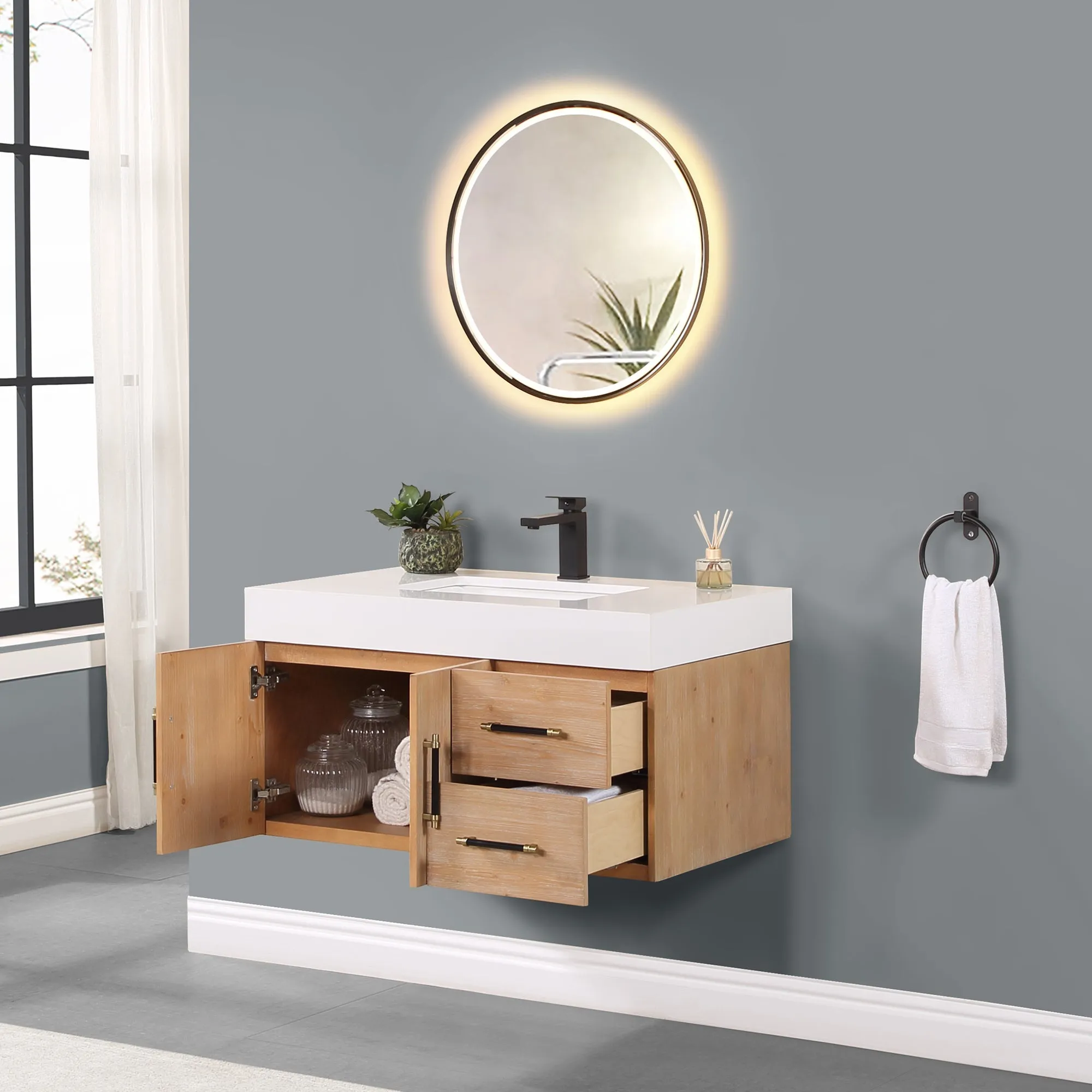 Altair Designs Corchia Wall-mounted Single Bathroom Vanity with White Composite Stone Countertop - 553036-LB-WH