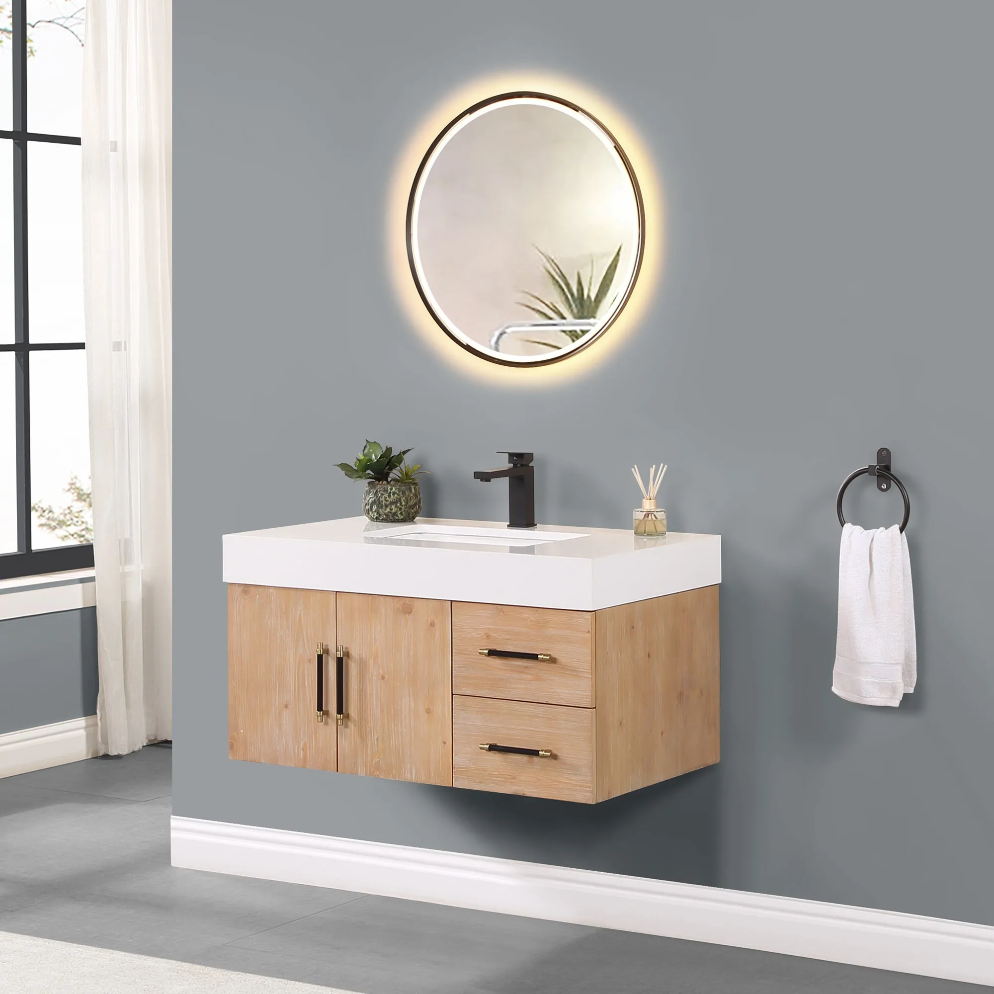 Altair Designs Corchia Wall-mounted Single Bathroom Vanity with White Composite Stone Countertop - 553036-LB-WH