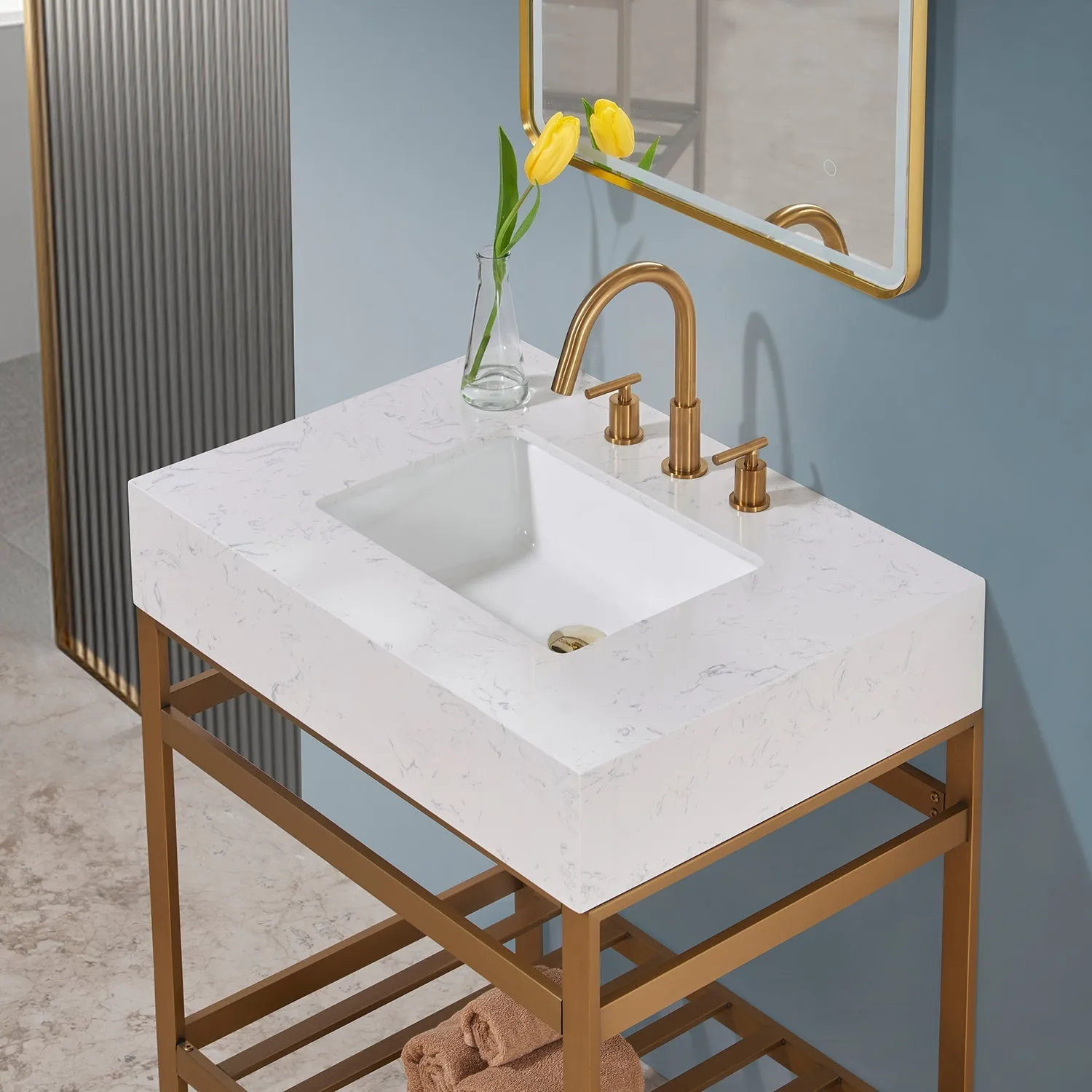 Altair Designs Merano 30" Single Stainless Steel Vanity Console with Aosta White Stone Countertop - 68030-AWAP-MB-NM