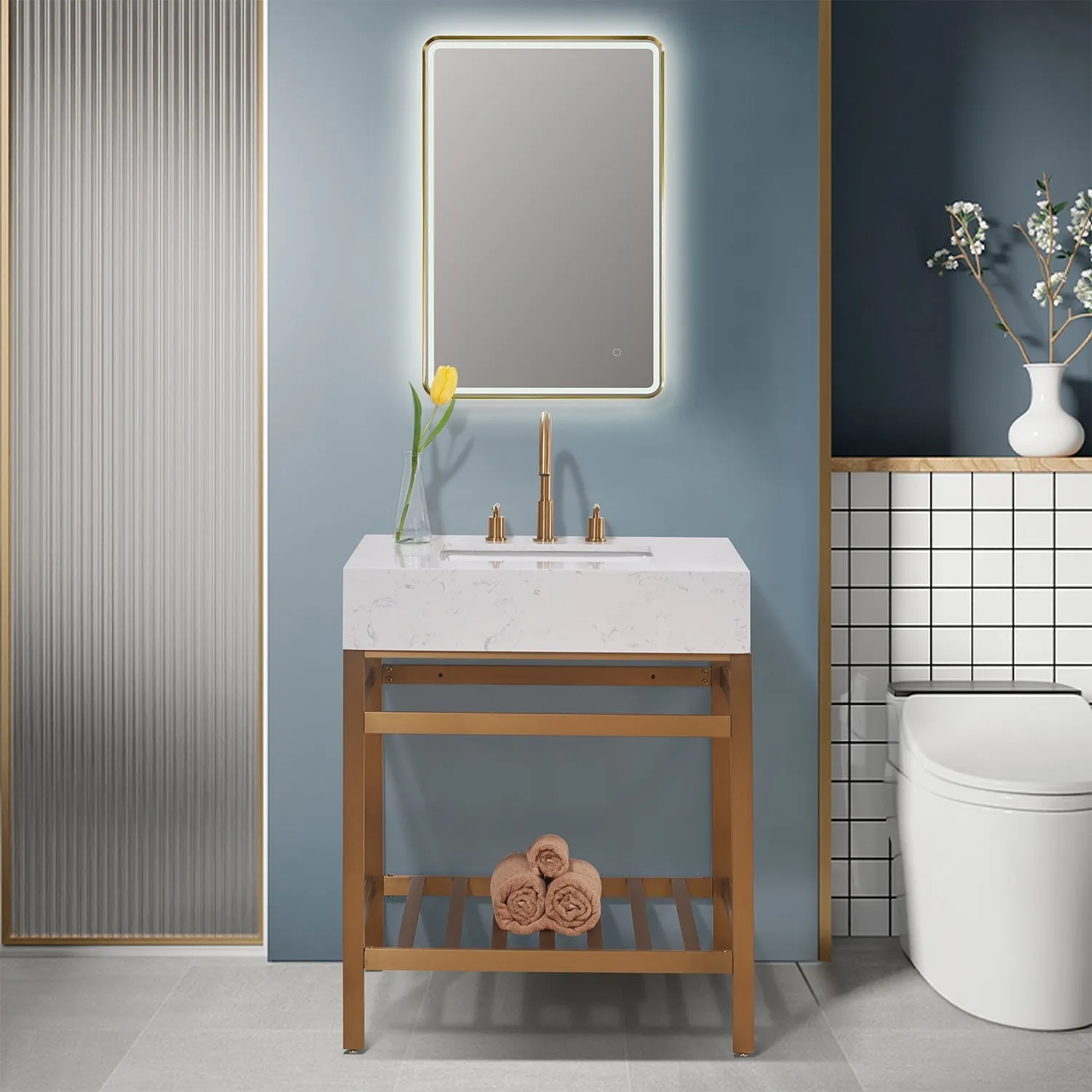 Altair Designs Merano 30" Single Stainless Steel Vanity Console with Aosta White Stone Countertop - 68030-AWAP-MB-NM