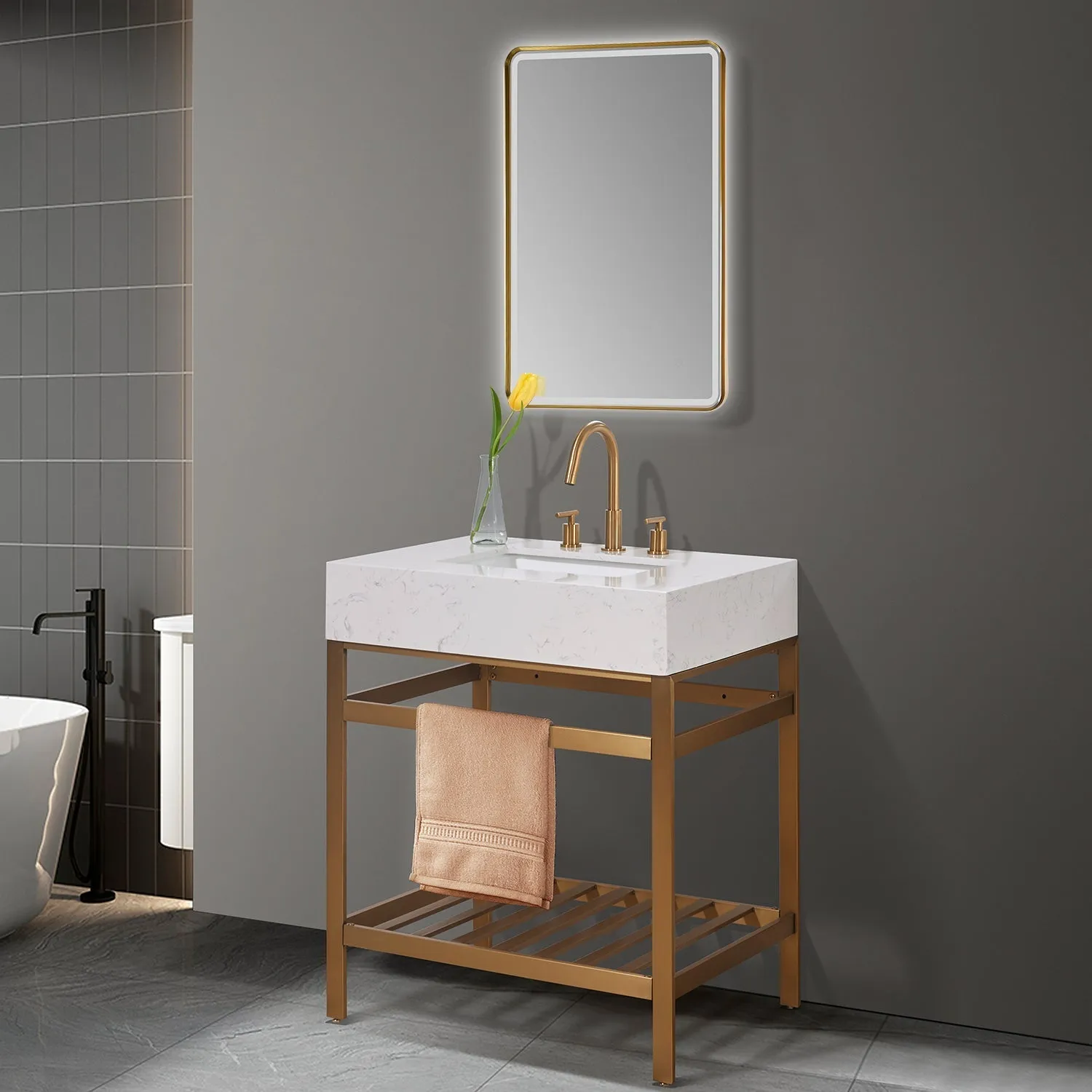 Altair Designs Merano 30" Single Stainless Steel Vanity Console with Aosta White Stone Countertop - 68030-AWAP-MB-NM