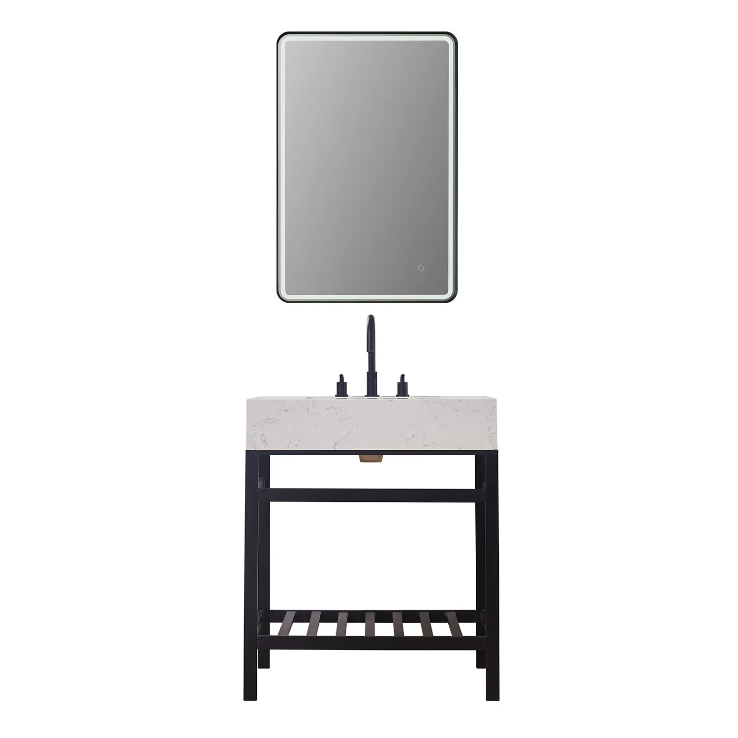 Altair Designs Merano 30" Single Stainless Steel Vanity Console with Aosta White Stone Countertop - 68030-AWAP-MB-NM