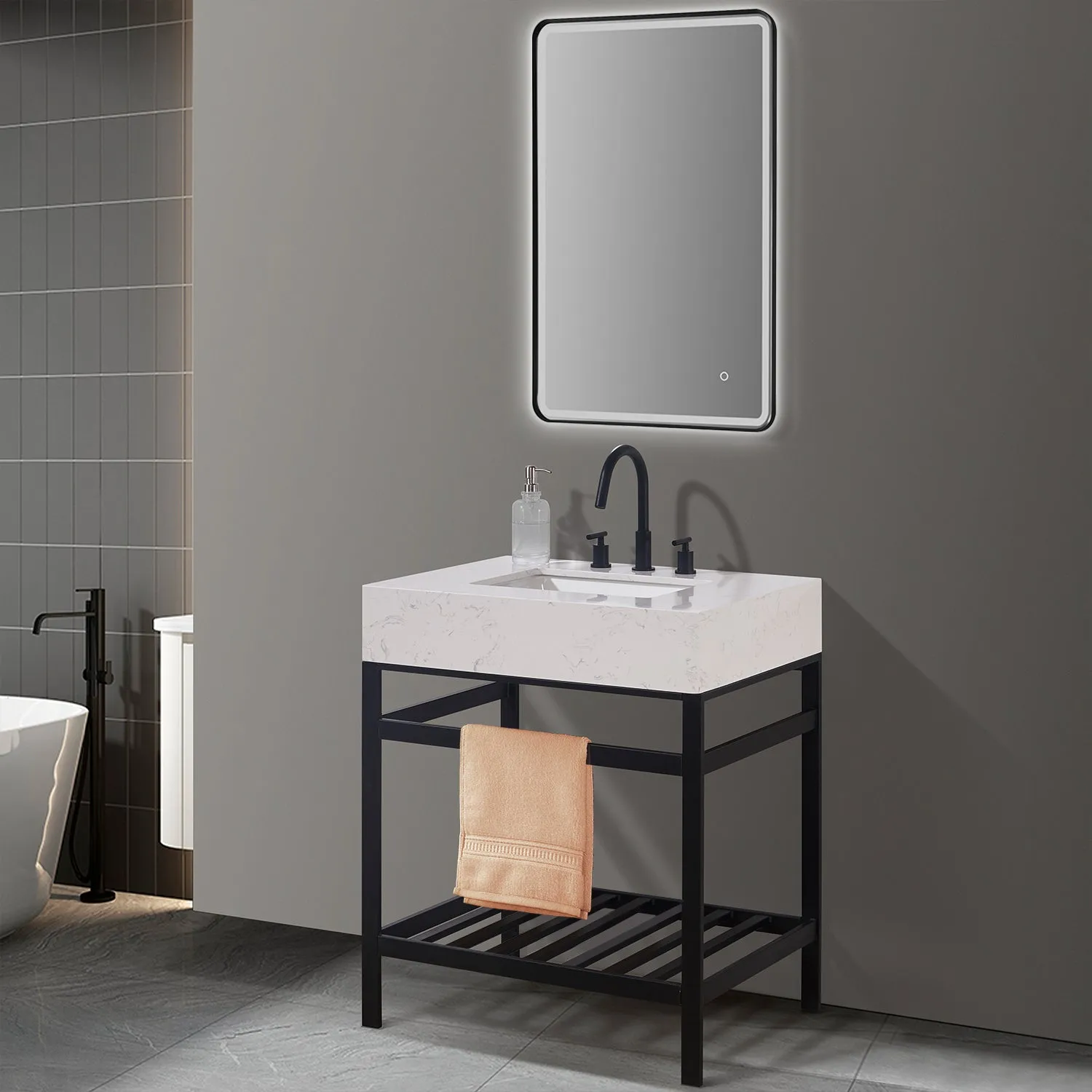 Altair Designs Merano 30" Single Stainless Steel Vanity Console with Aosta White Stone Countertop - 68030-AWAP-MB-NM