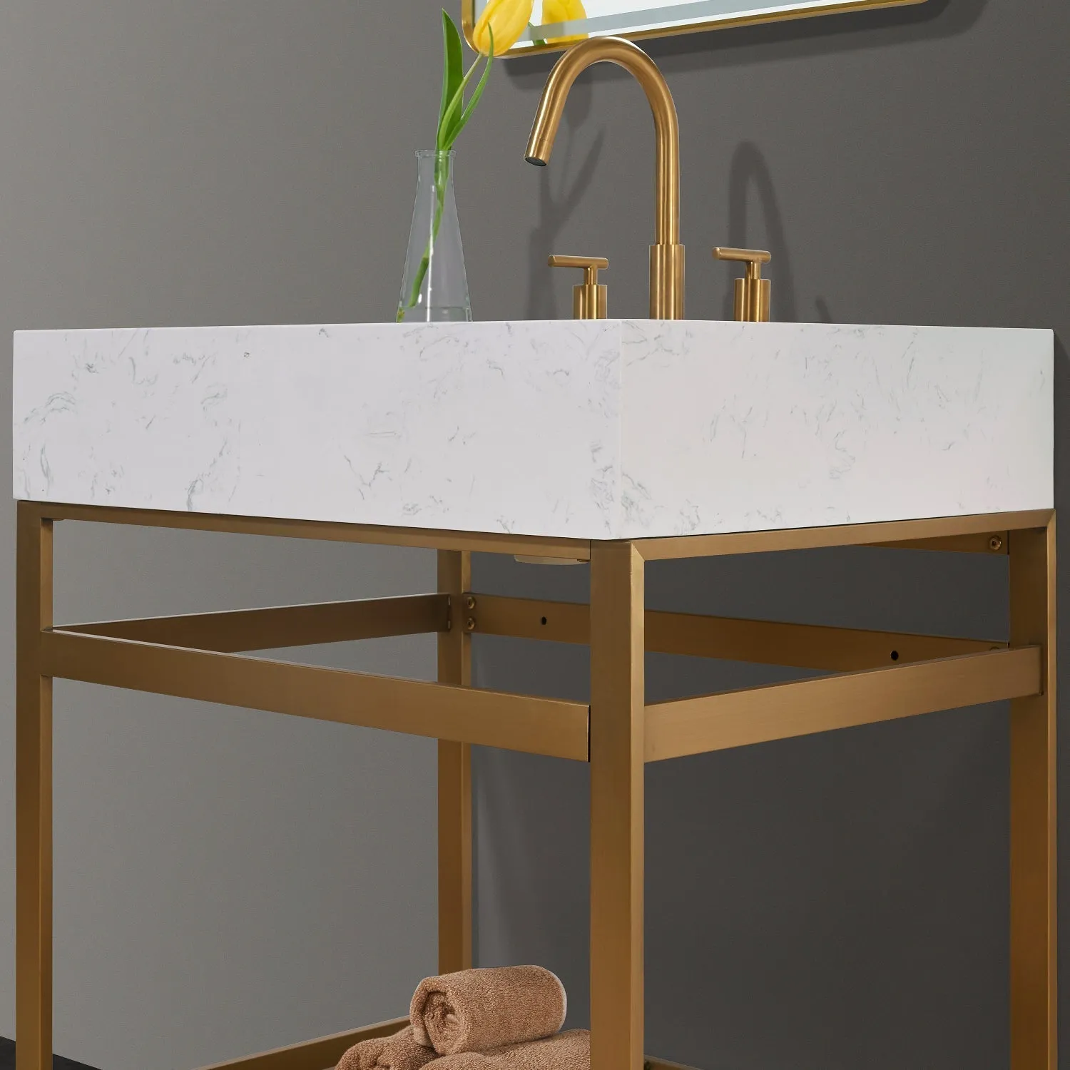 Altair Designs Merano 30" Single Stainless Steel Vanity Console with Aosta White Stone Countertop - 68030-AWAP-MB-NM