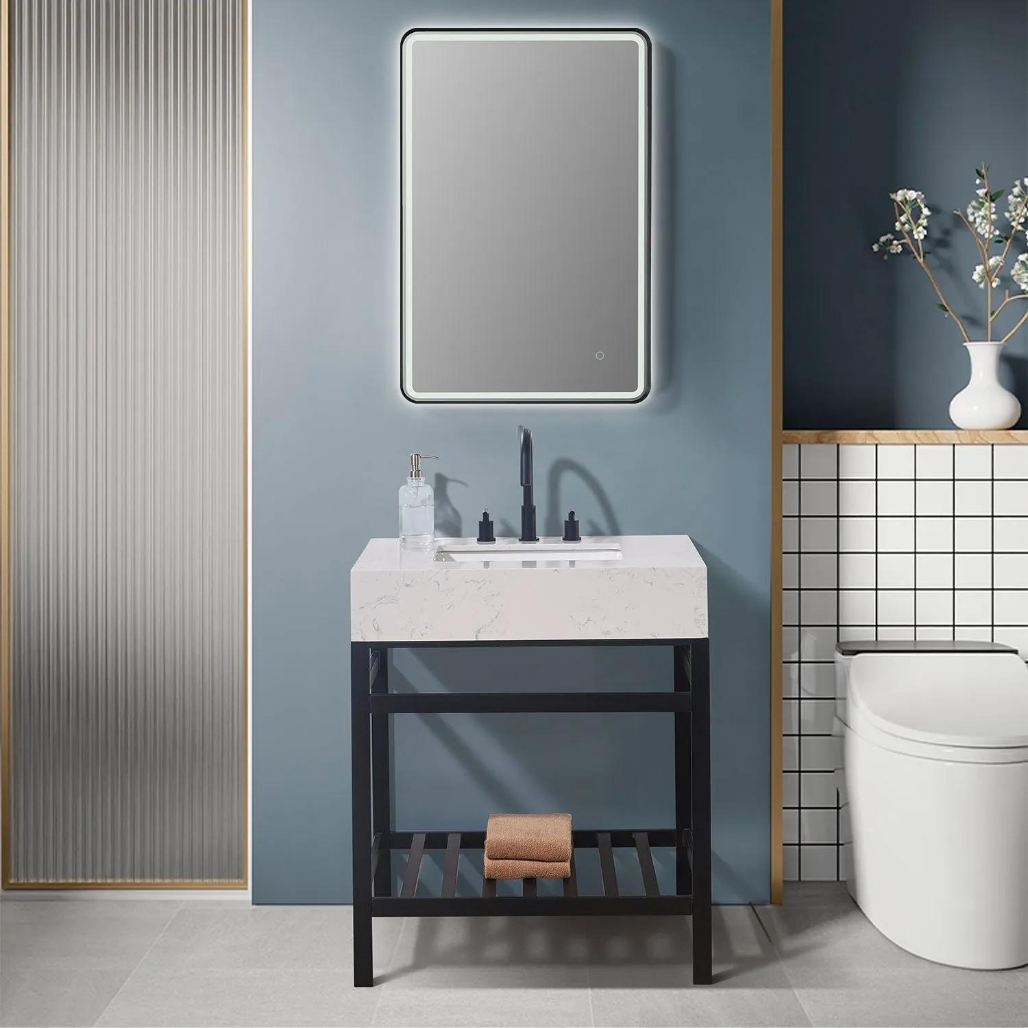 Altair Designs Merano 30" Single Stainless Steel Vanity Console with Aosta White Stone Countertop - 68030-AWAP-MB-NM