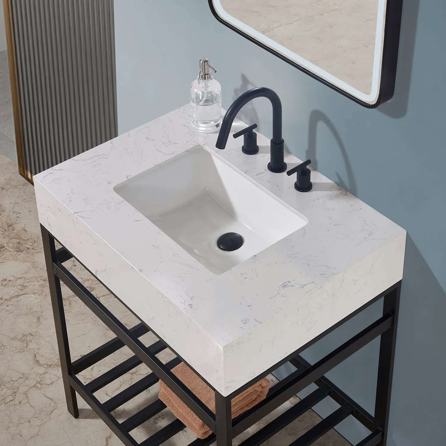 Altair Designs Merano 30" Single Stainless Steel Vanity Console with Aosta White Stone Countertop - 68030-AWAP-MB-NM