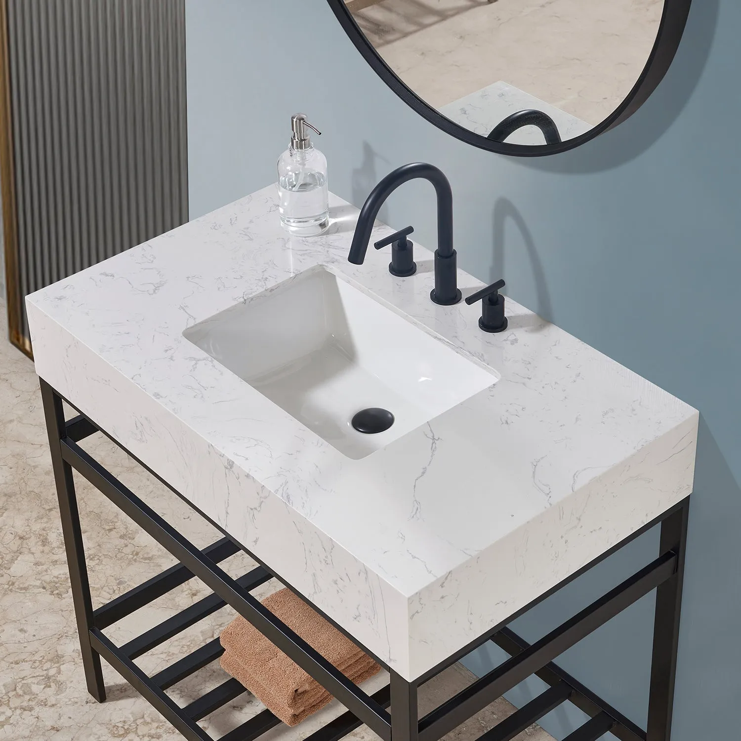 Altair Designs Merano 36" Single Stainless Steel Vanity Console with Aosta White Stone Countertop - 68036-AWAP-MB-NM