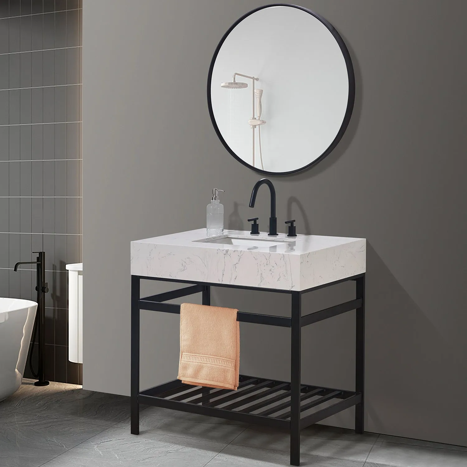 Altair Designs Merano 36" Single Stainless Steel Vanity Console with Aosta White Stone Countertop - 68036-AWAP-MB-NM