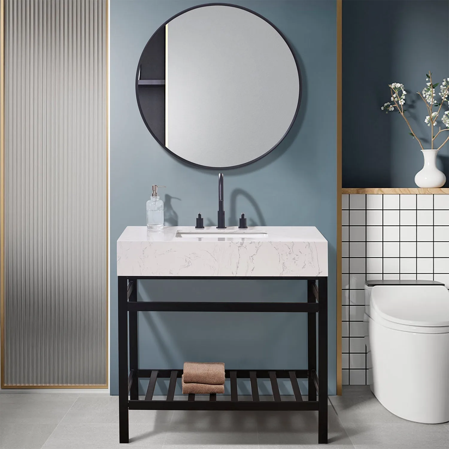 Altair Designs Merano 36" Single Stainless Steel Vanity Console with Aosta White Stone Countertop - 68036-AWAP-MB-NM