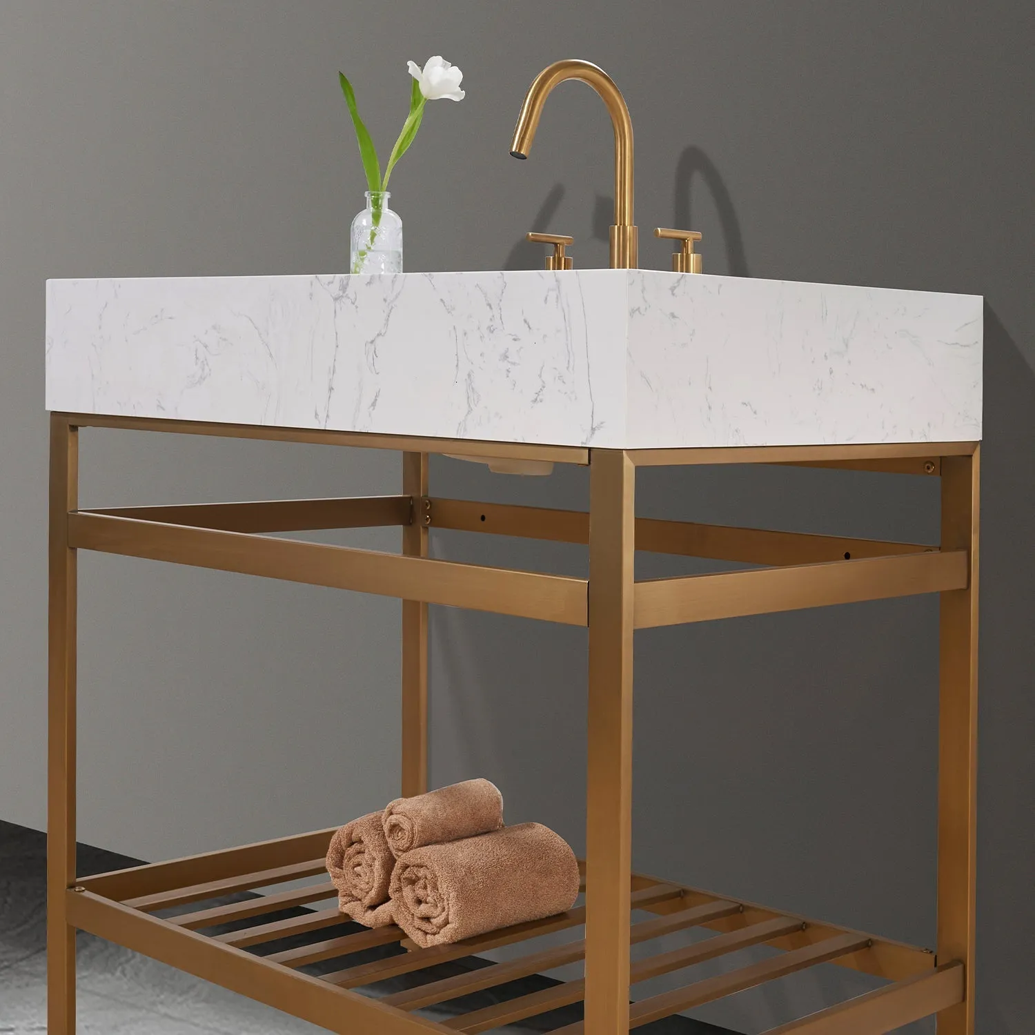 Altair Designs Merano 36" Single Stainless Steel Vanity Console with Aosta White Stone Countertop - 68036-AWAP-MB-NM