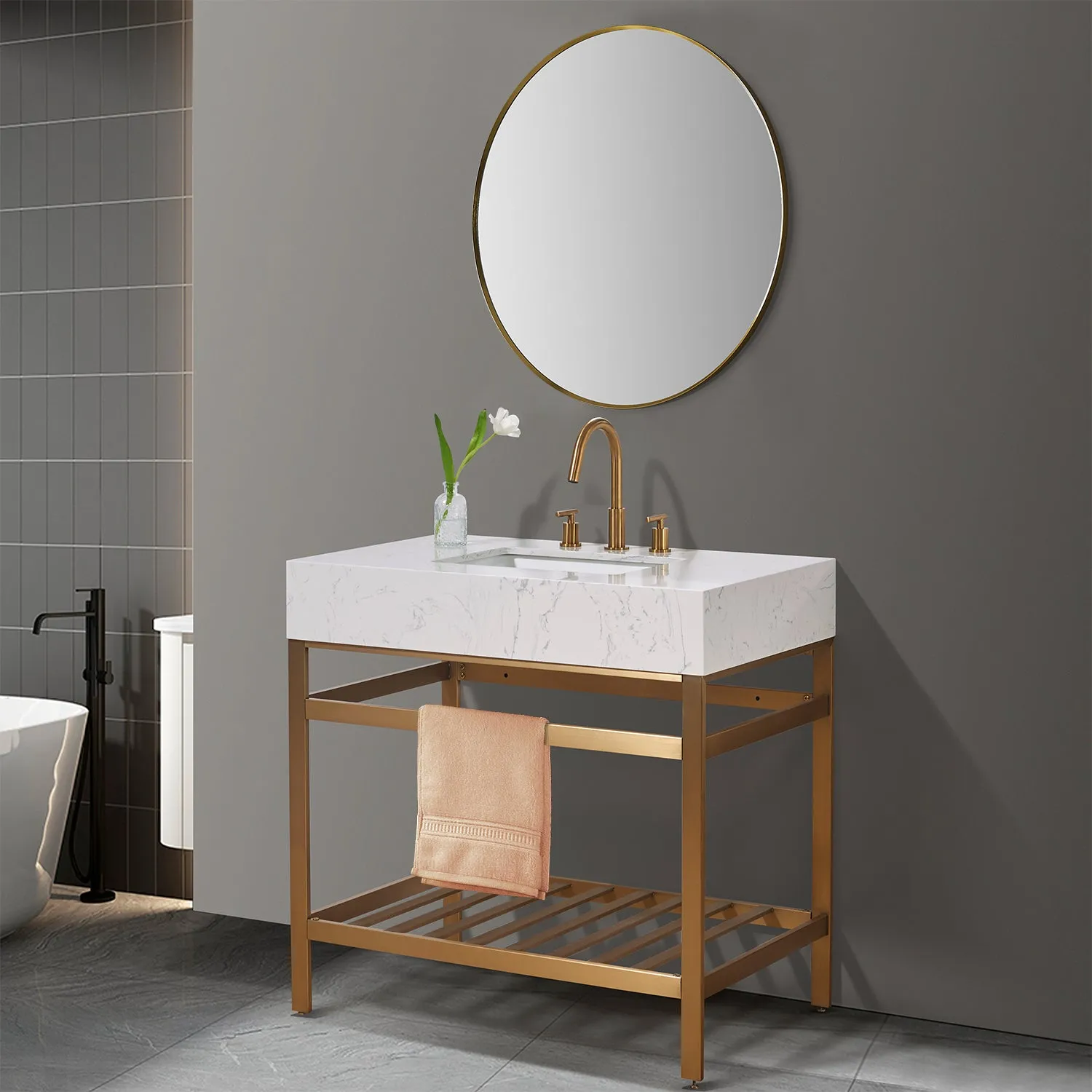 Altair Designs Merano 36" Single Stainless Steel Vanity Console with Aosta White Stone Countertop - 68036-AWAP-MB-NM