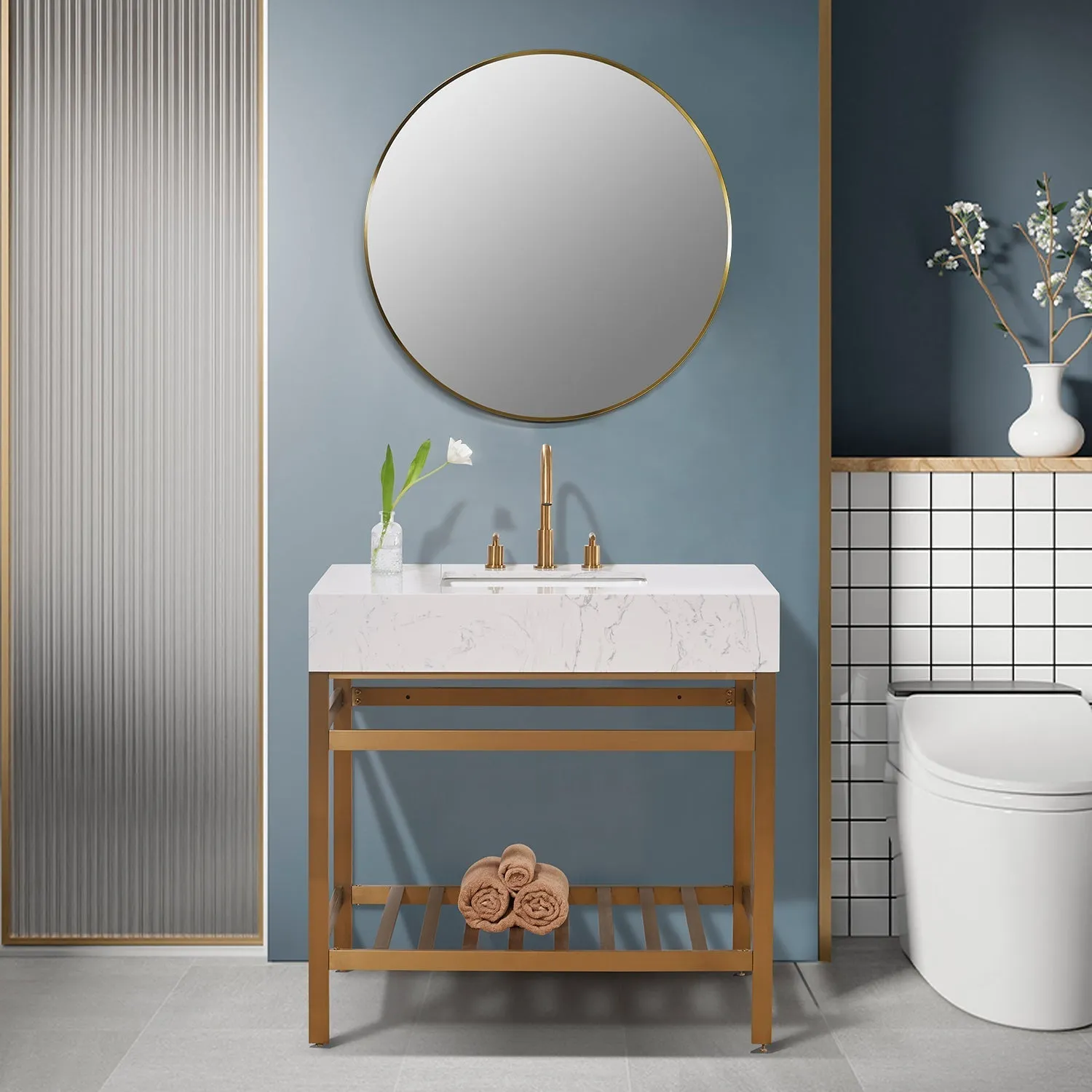 Altair Designs Merano 36" Single Stainless Steel Vanity Console with Aosta White Stone Countertop - 68036-AWAP-MB-NM