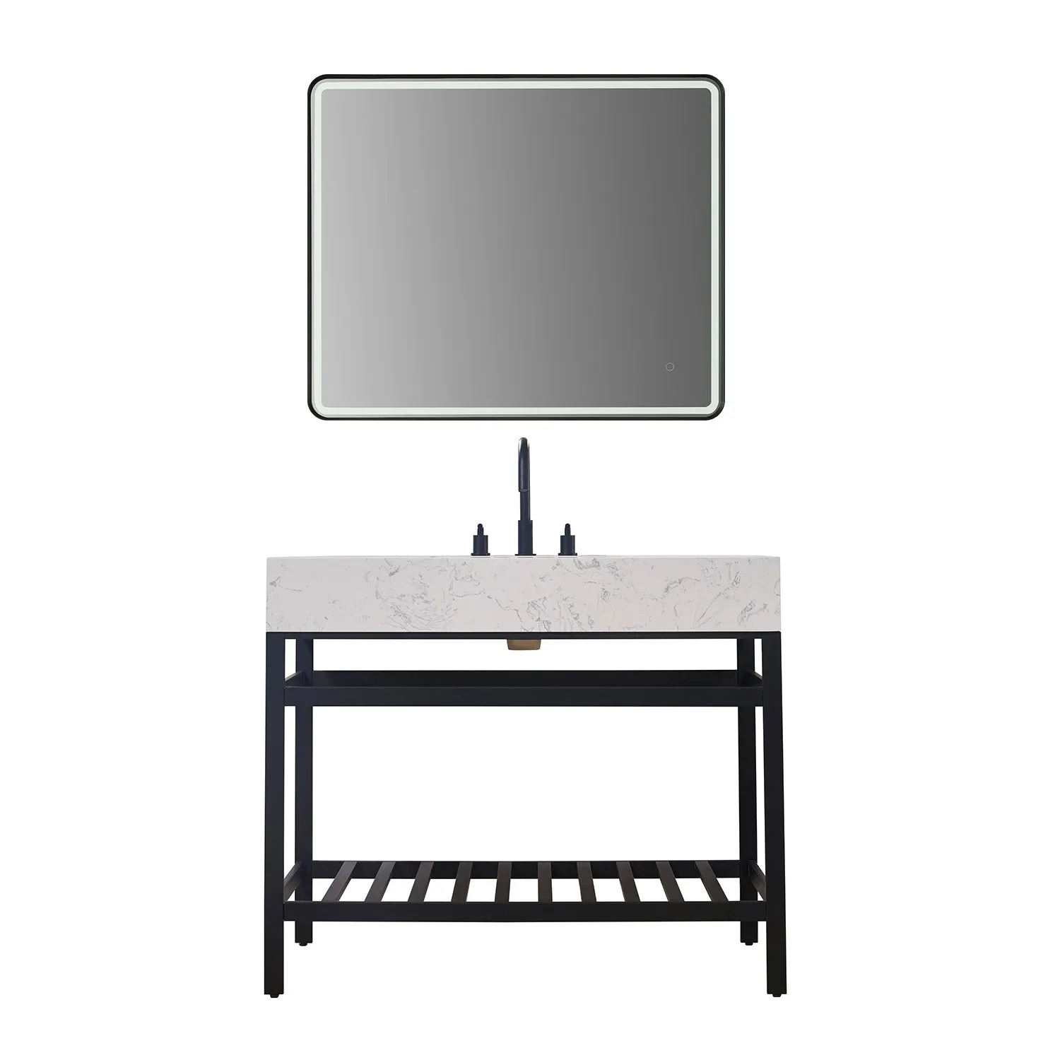 Altair Designs Merano 42" Single Stainless Steel Vanity Console with Aosta White Stone Countertop - 68042-AWAP-MB-NM