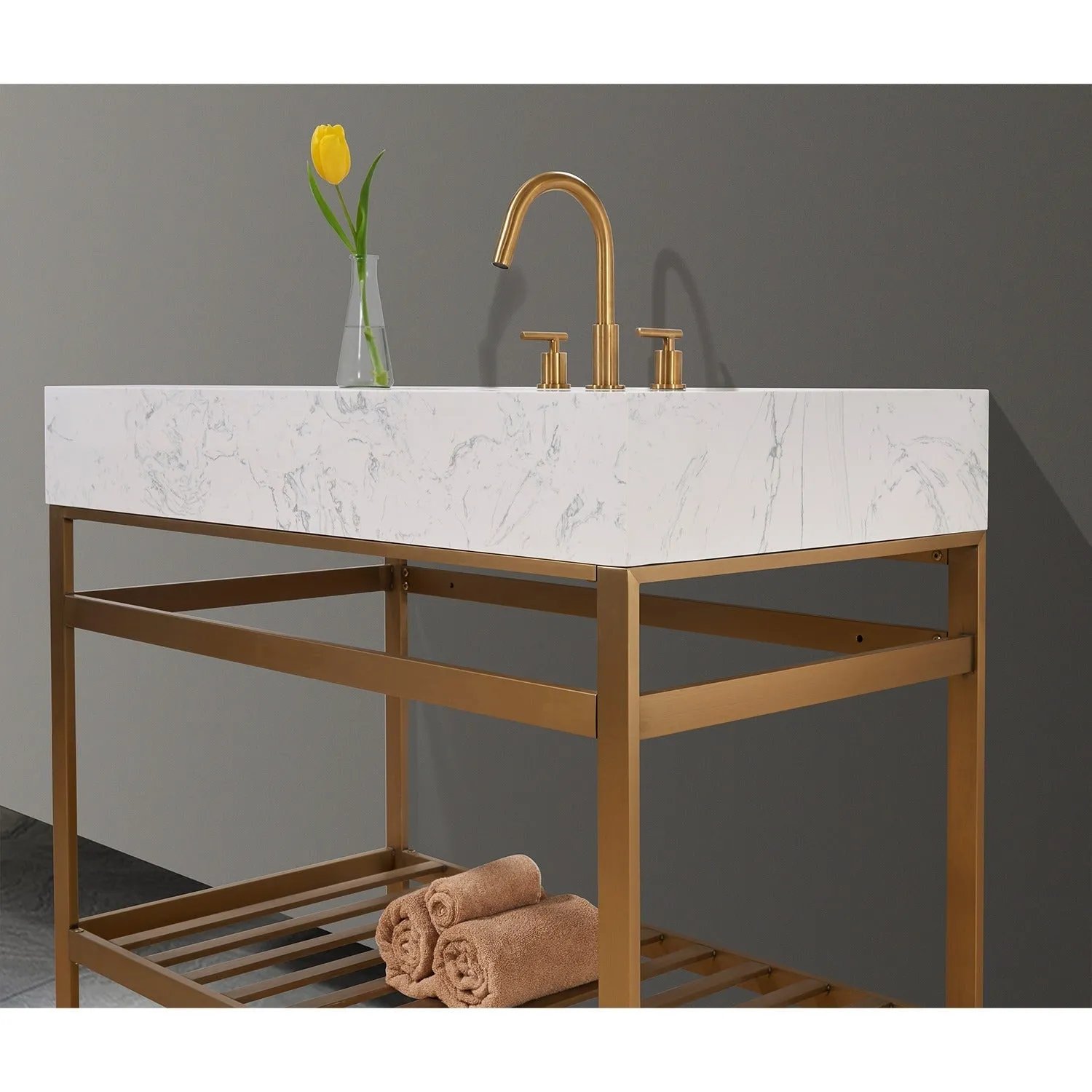 Altair Designs Merano 42" Single Stainless Steel Vanity Console with Aosta White Stone Countertop - 68042-AWAP-MB-NM