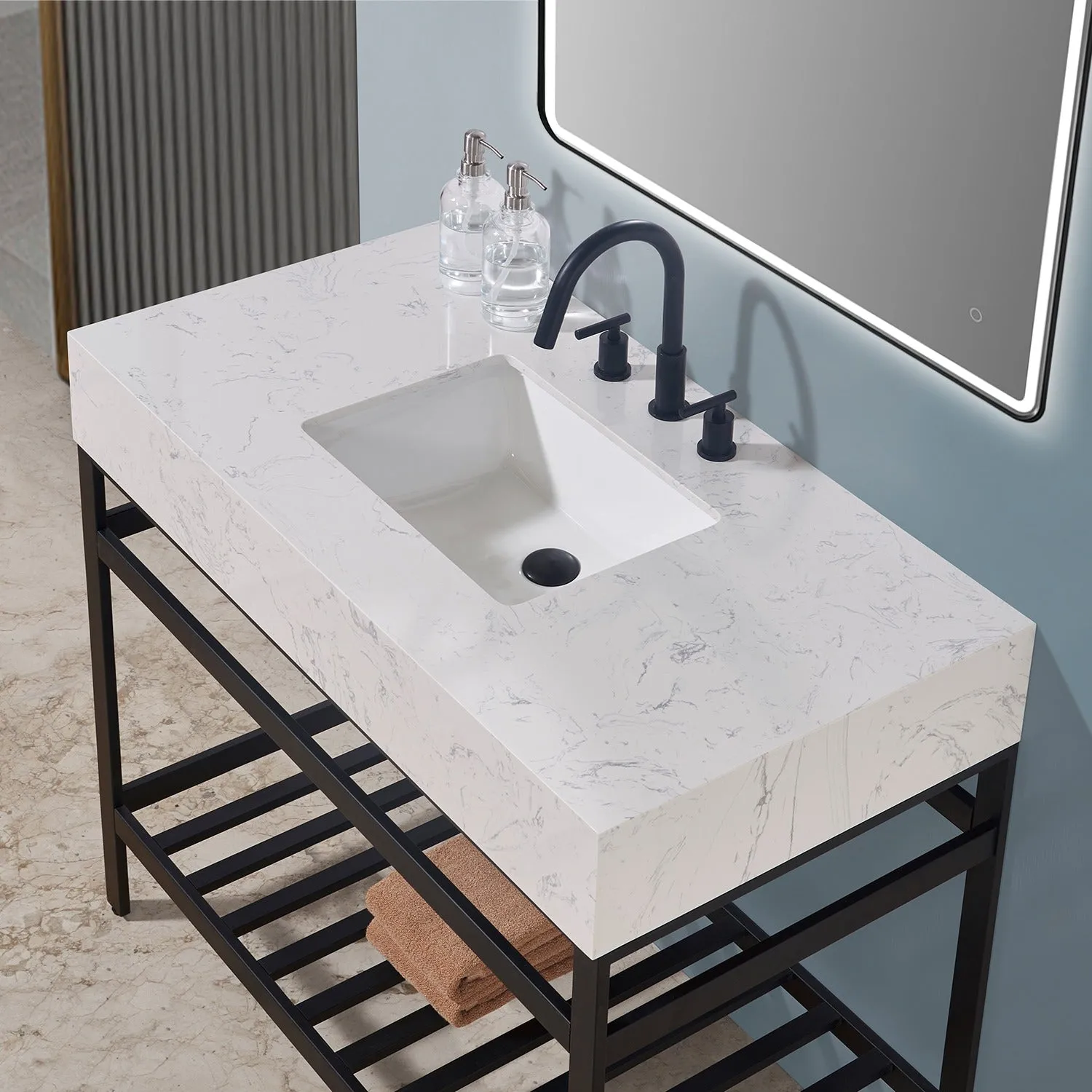 Altair Designs Merano 42" Single Stainless Steel Vanity Console with Aosta White Stone Countertop - 68042-AWAP-MB-NM