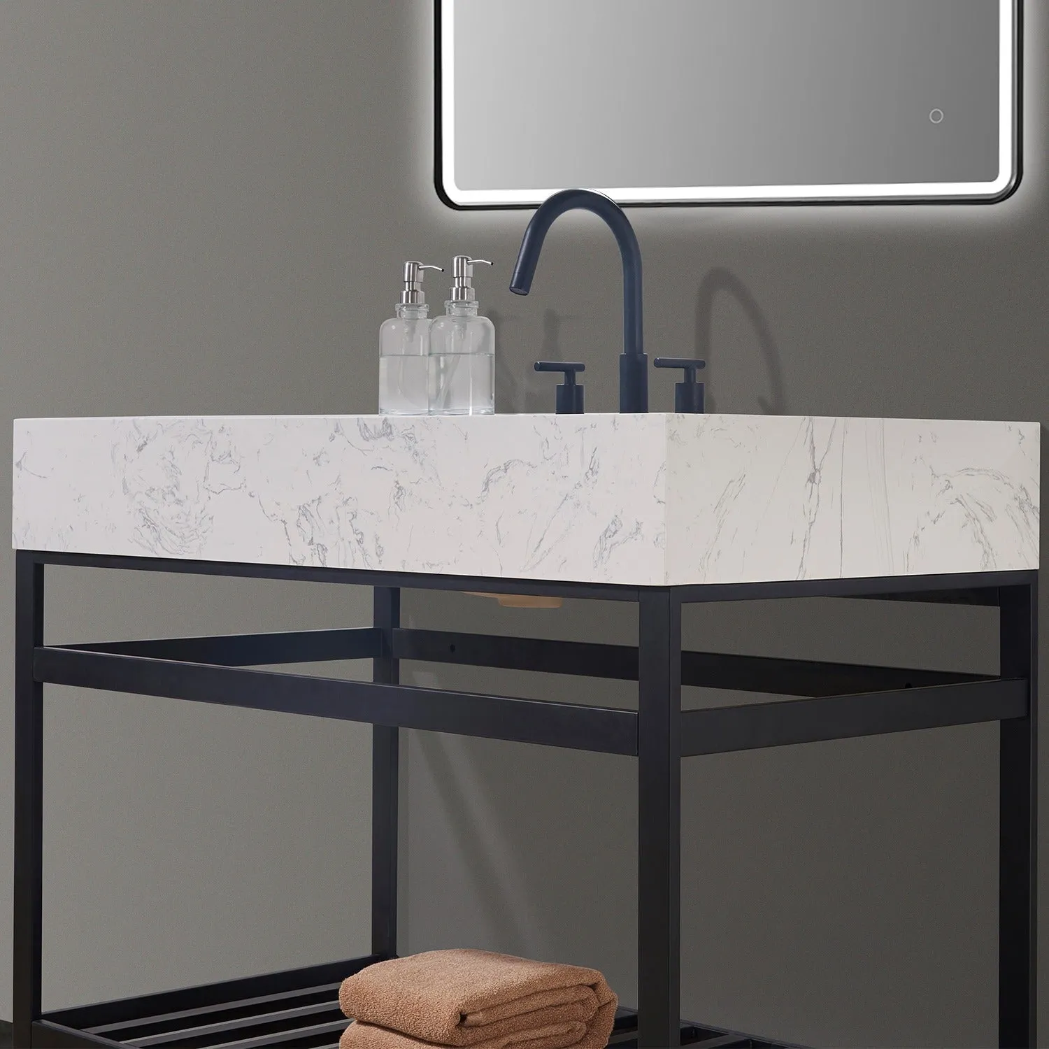 Altair Designs Merano 42" Single Stainless Steel Vanity Console with Aosta White Stone Countertop - 68042-AWAP-MB-NM