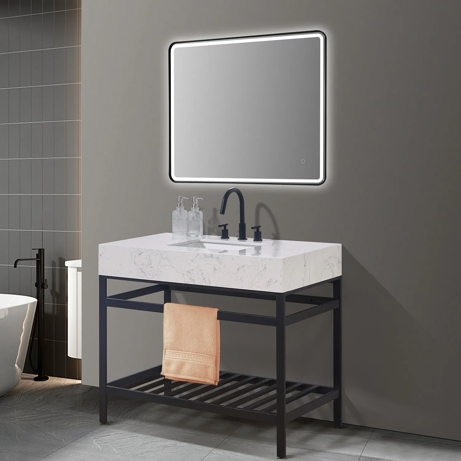 Altair Designs Merano 42" Single Stainless Steel Vanity Console with Aosta White Stone Countertop - 68042-AWAP-MB-NM