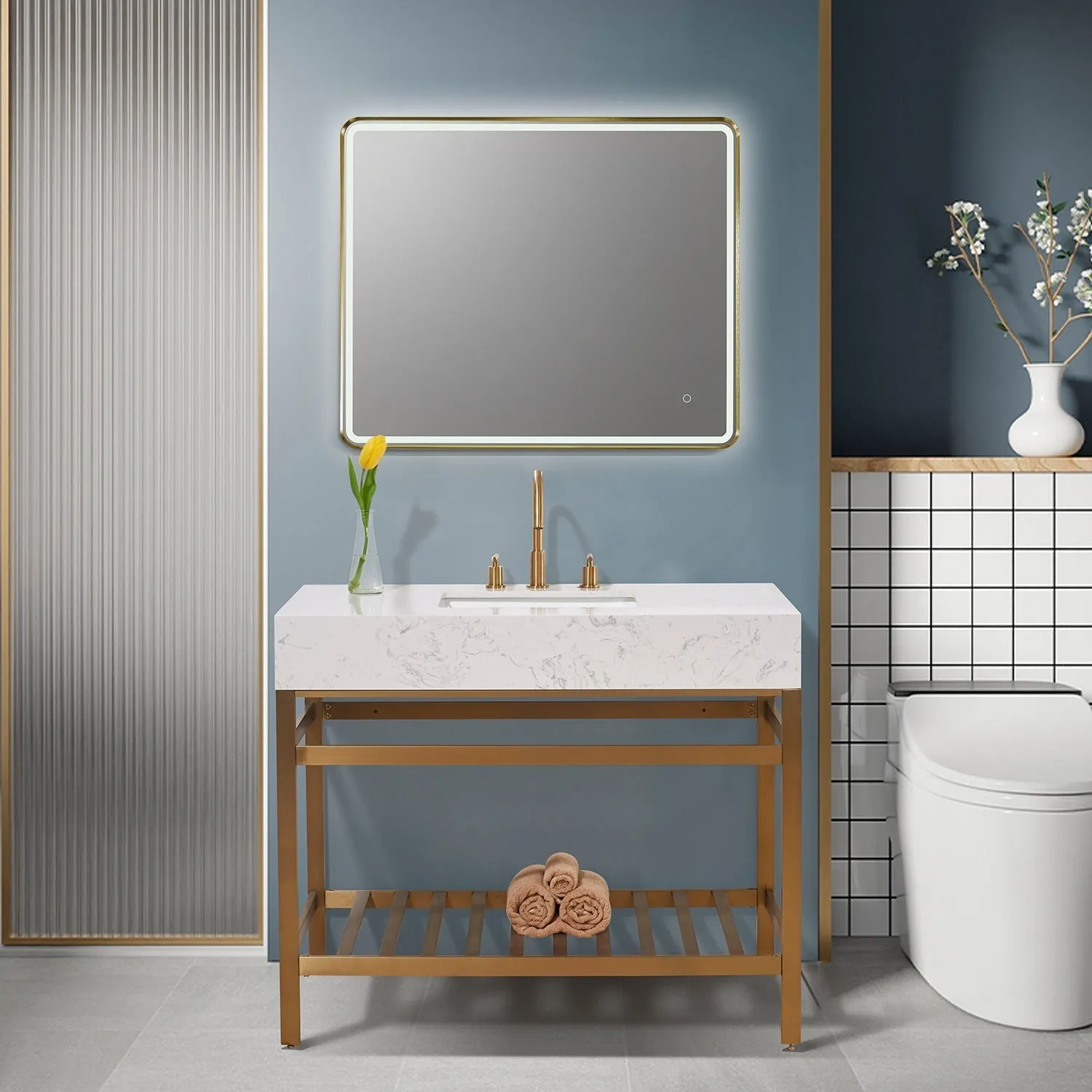 Altair Designs Merano 42" Single Stainless Steel Vanity Console with Aosta White Stone Countertop - 68042-AWAP-MB-NM