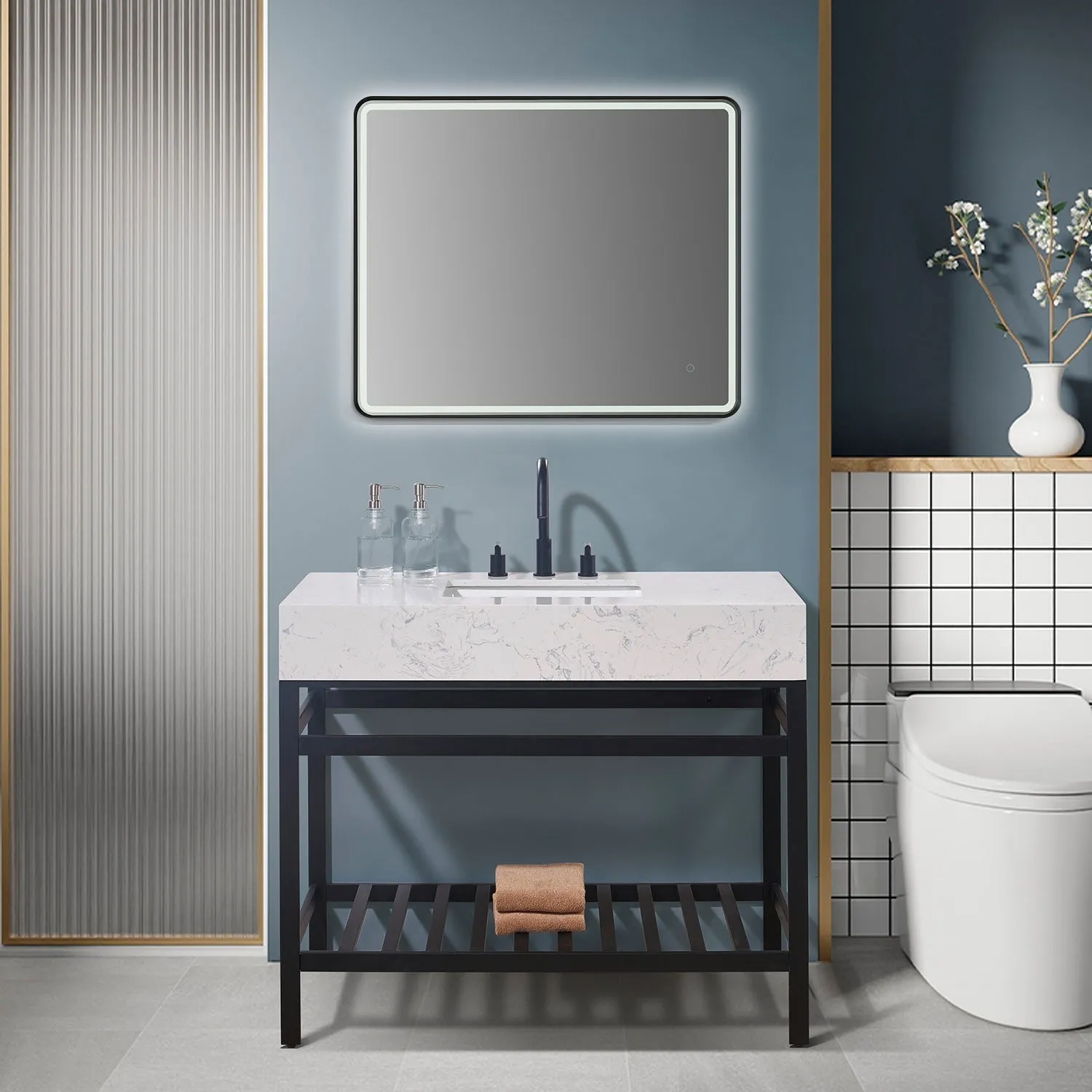 Altair Designs Merano 42" Single Stainless Steel Vanity Console with Aosta White Stone Countertop - 68042-AWAP-MB-NM