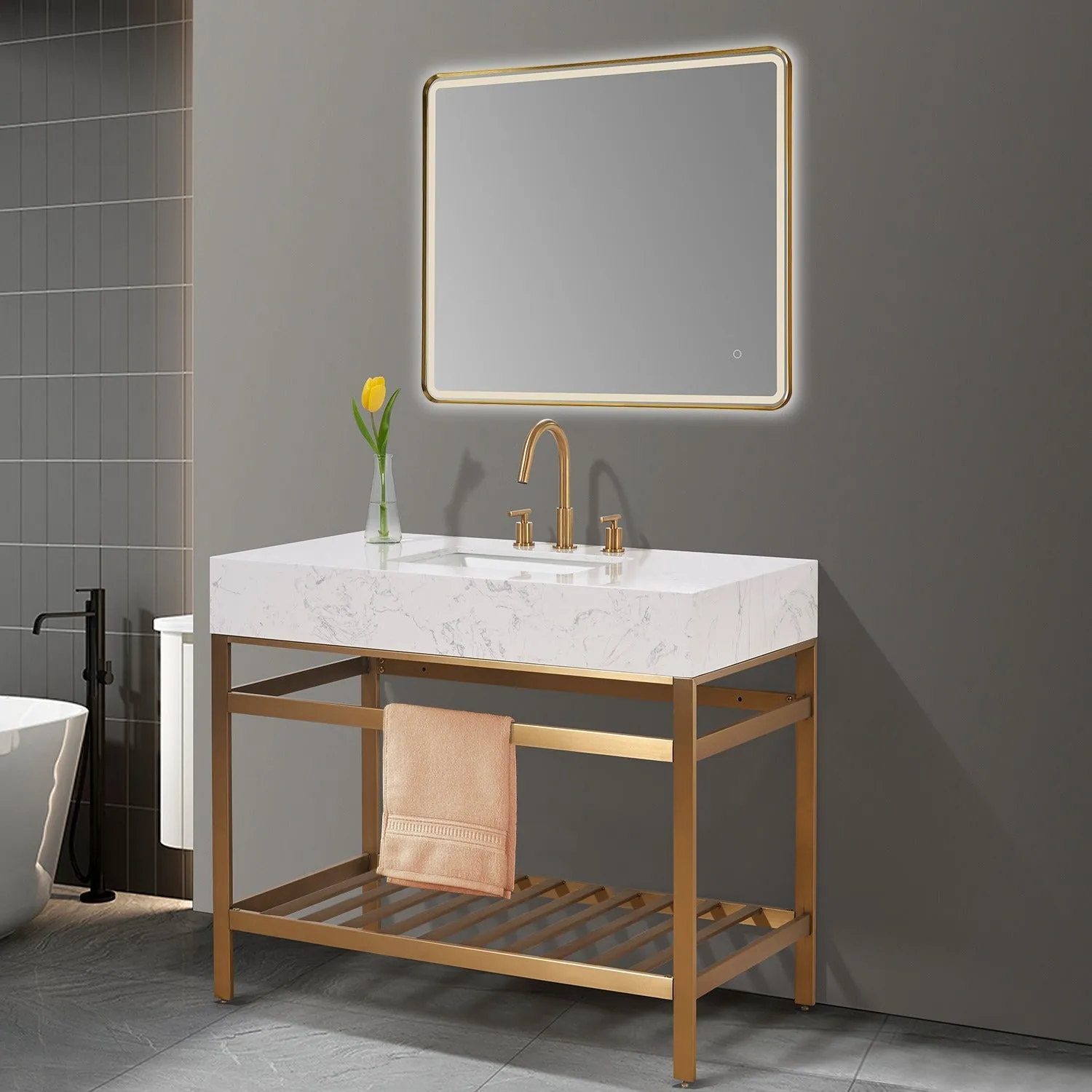 Altair Designs Merano 42" Single Stainless Steel Vanity Console with Aosta White Stone Countertop - 68042-AWAP-MB-NM