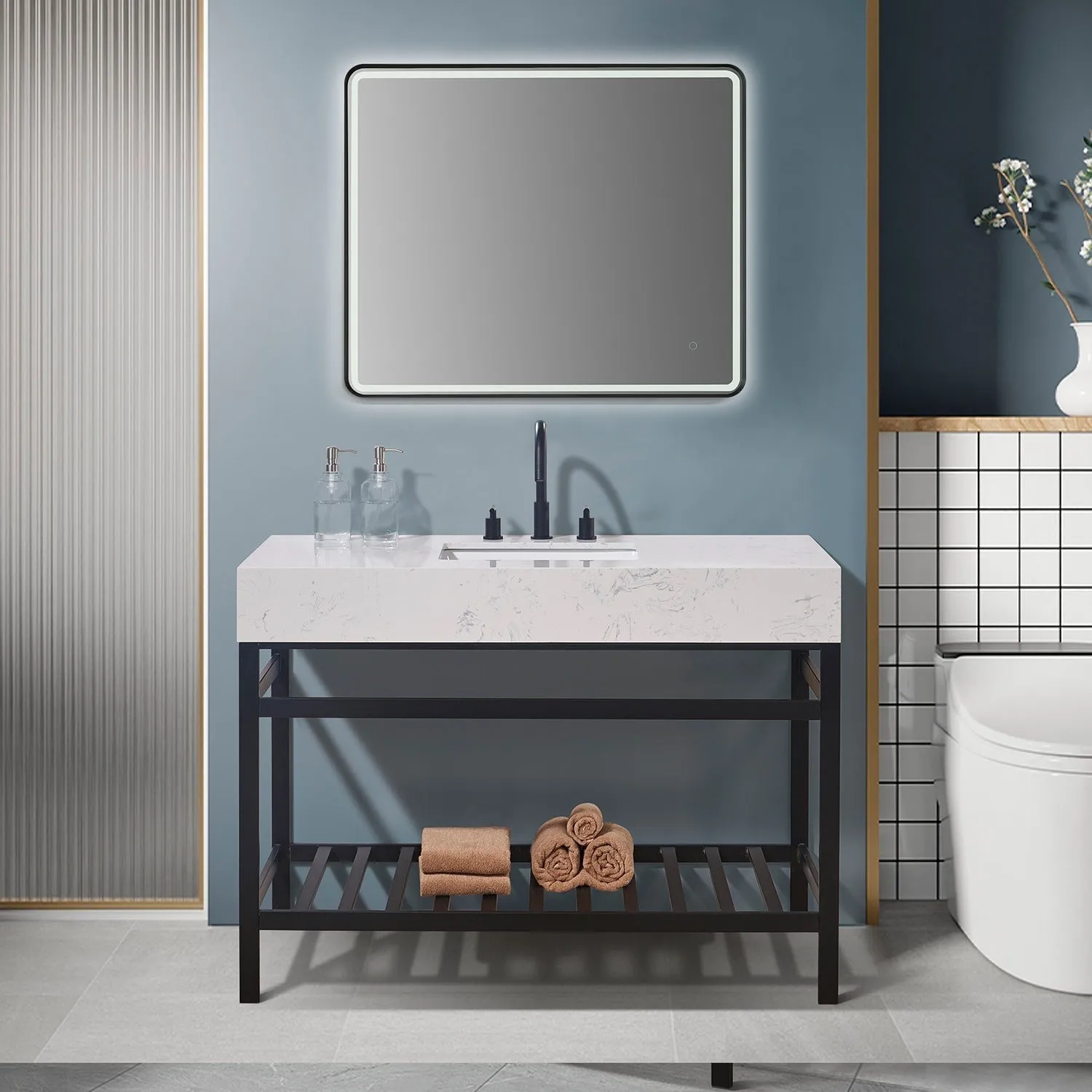 Altair Designs Merano 48" Single Stainless Steel Vanity Console with Aosta White Stone Countertop - 68048-AWAP-MB-NM